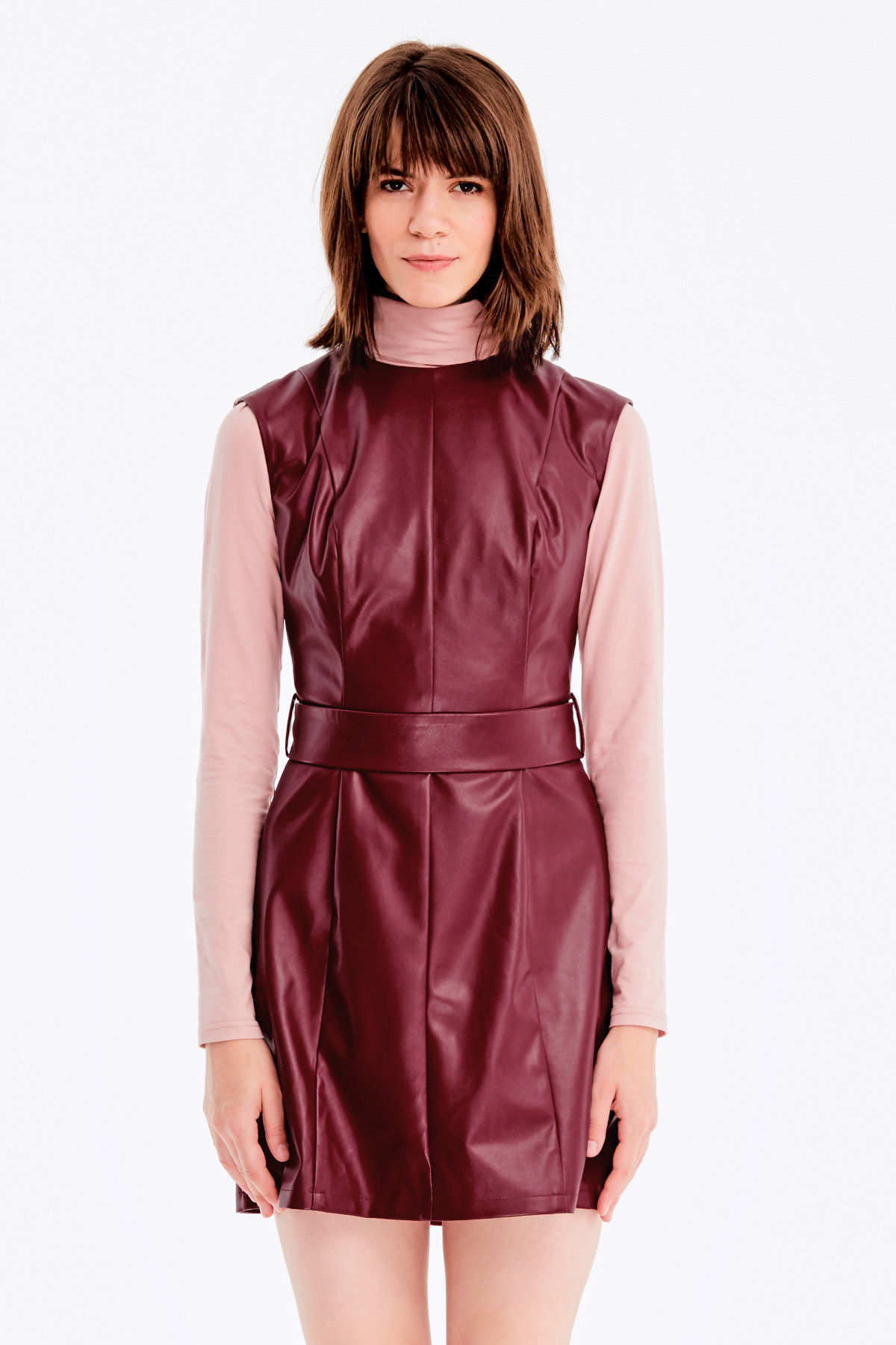 Below-knee burgundy leather dress , photo 9