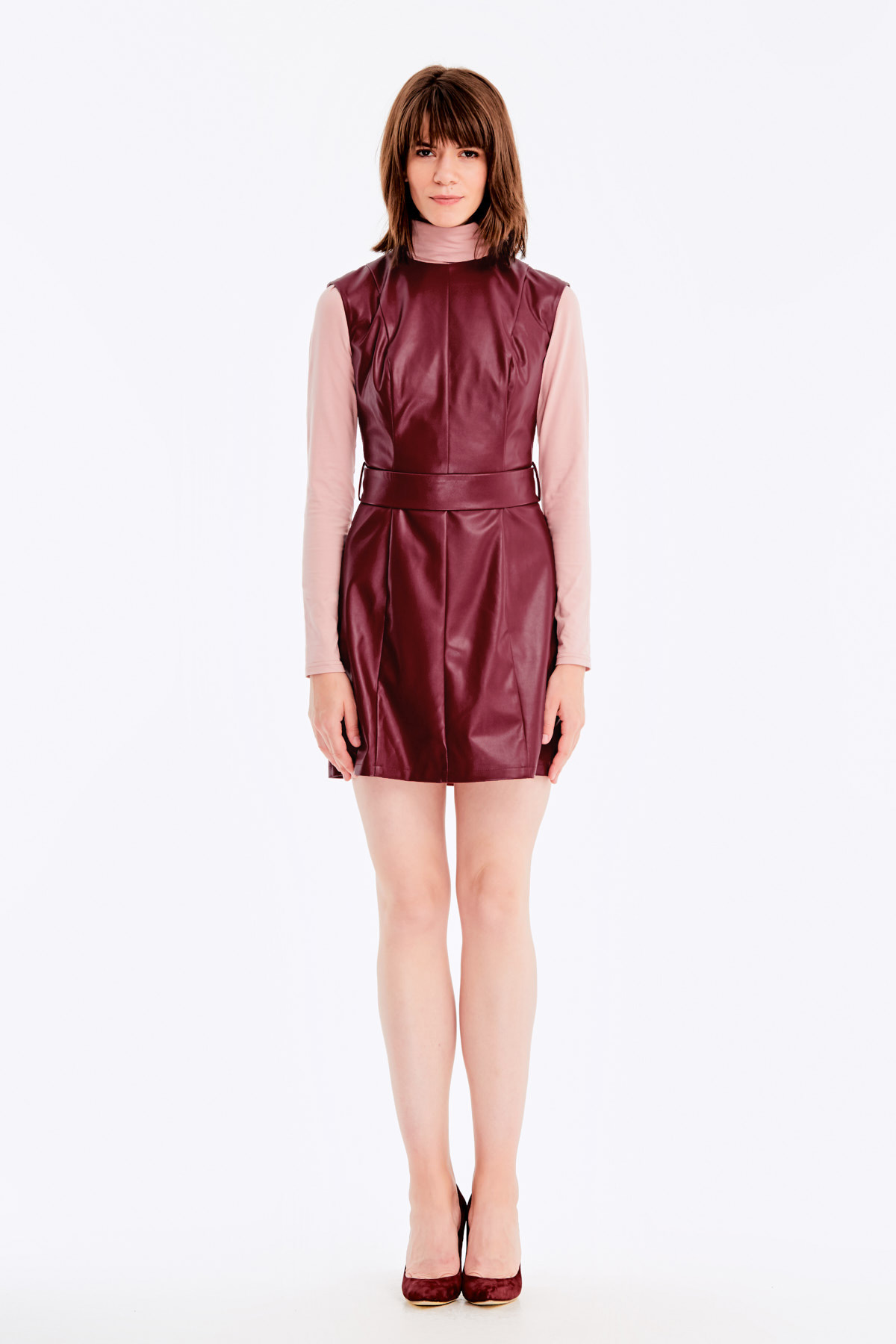 Below-knee burgundy leather dress , photo 10
