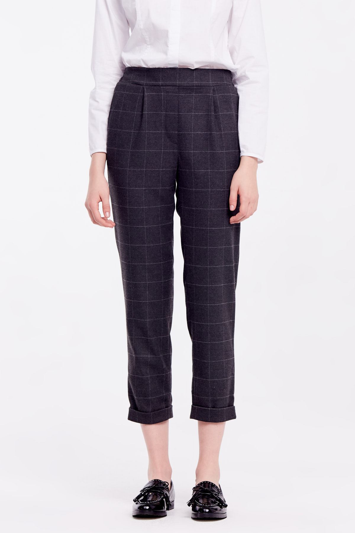 Loose grey checkered pants with cuffs, photo 3