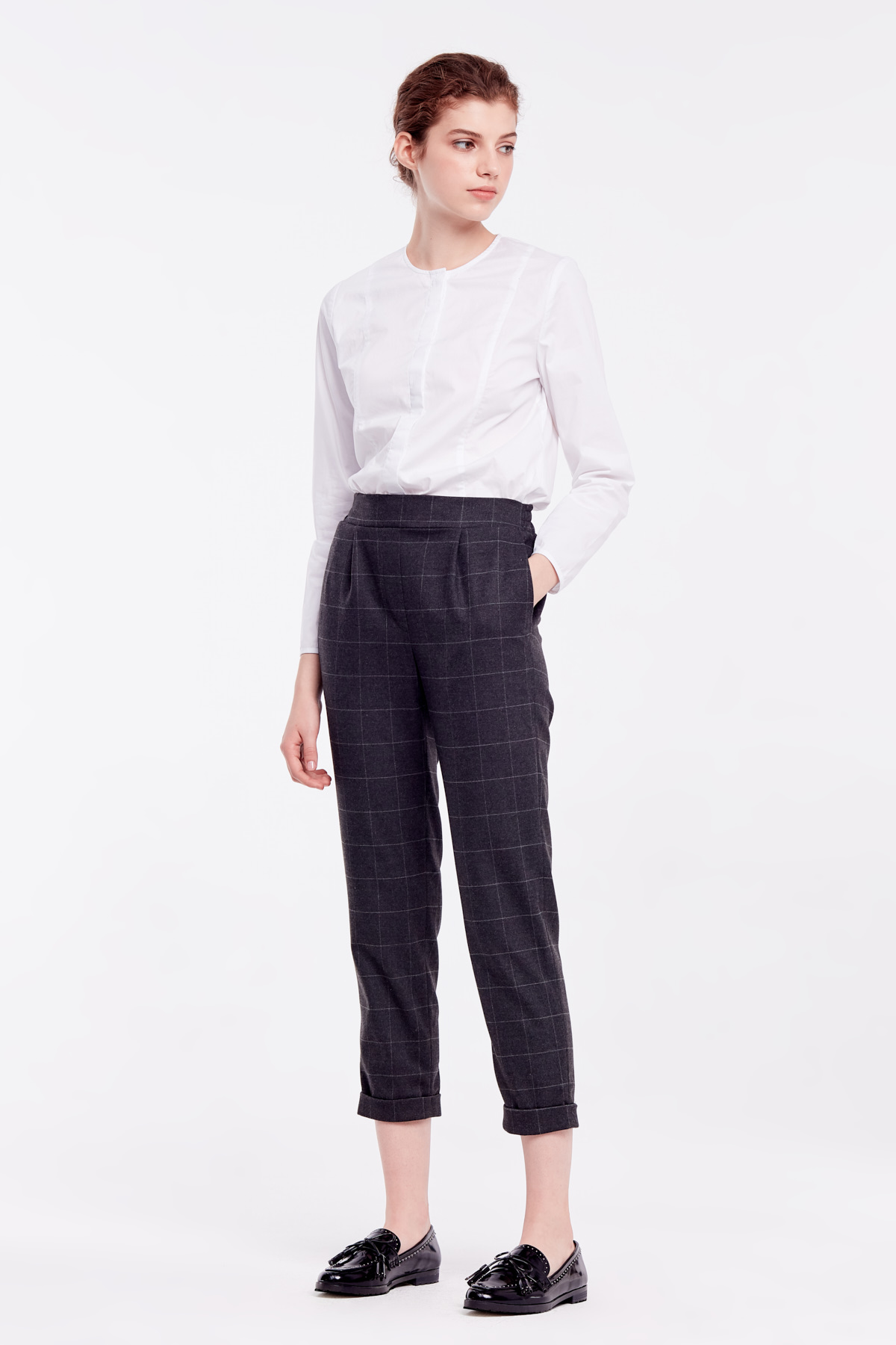 Loose grey checkered pants with cuffs, photo 5