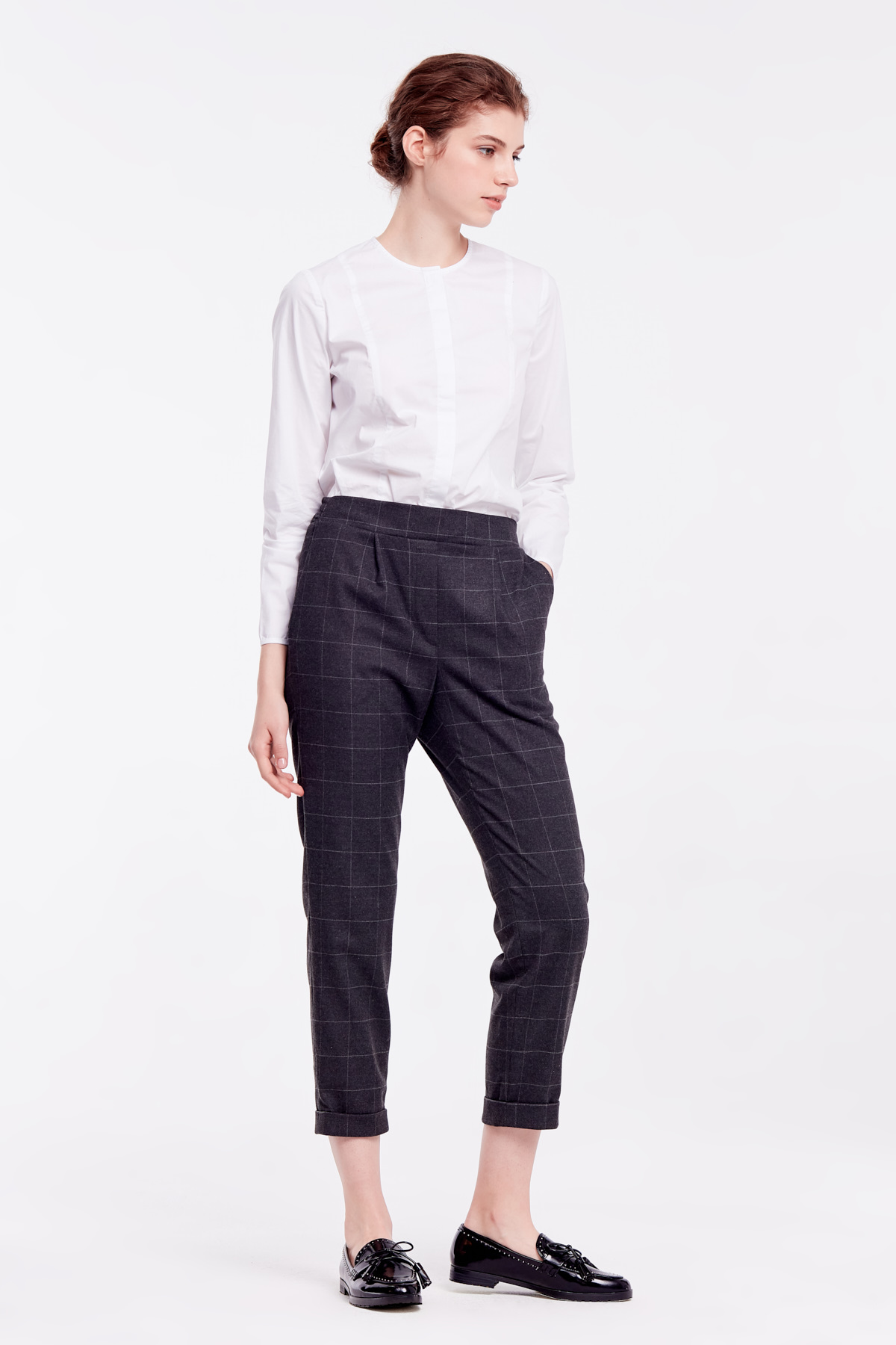 Loose grey checkered pants with cuffs, photo 8