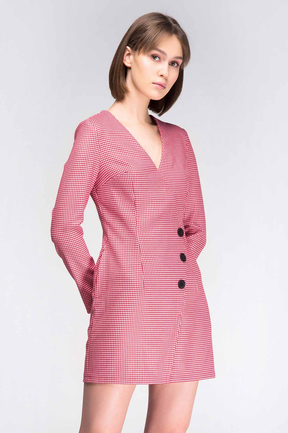 Pink-red houndstooth wrap mini dress, photo 2