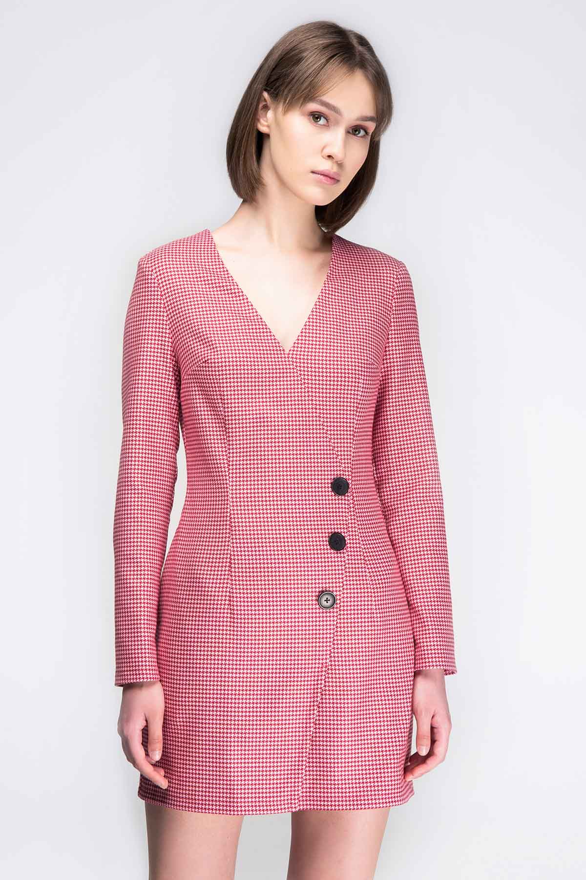 Pink-red houndstooth wrap mini dress, photo 5