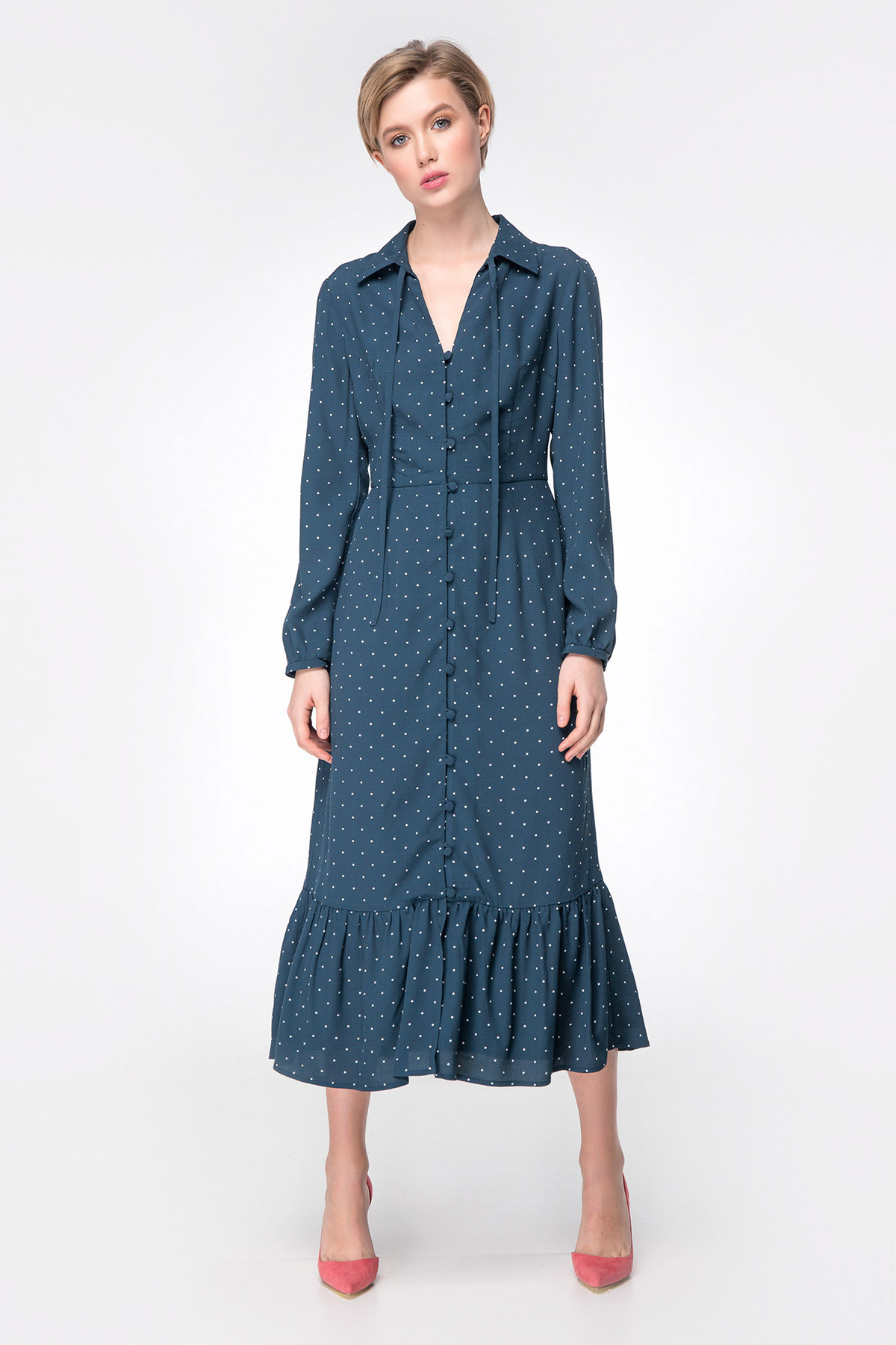 Dark-blue polka dot dress with pleats, photo 2
