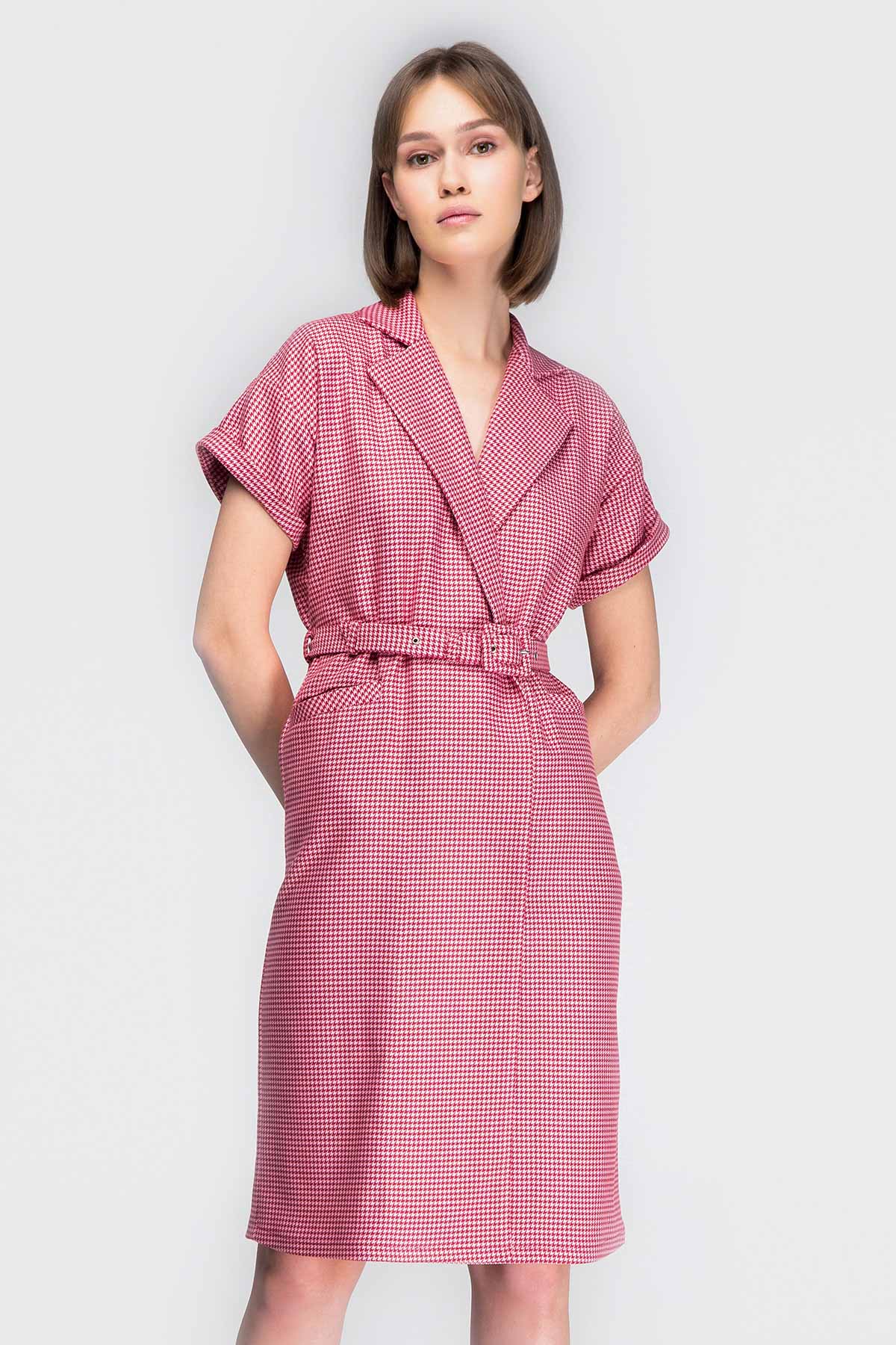 Pink-red houndstooth wrap dress with a waist, photo 3
