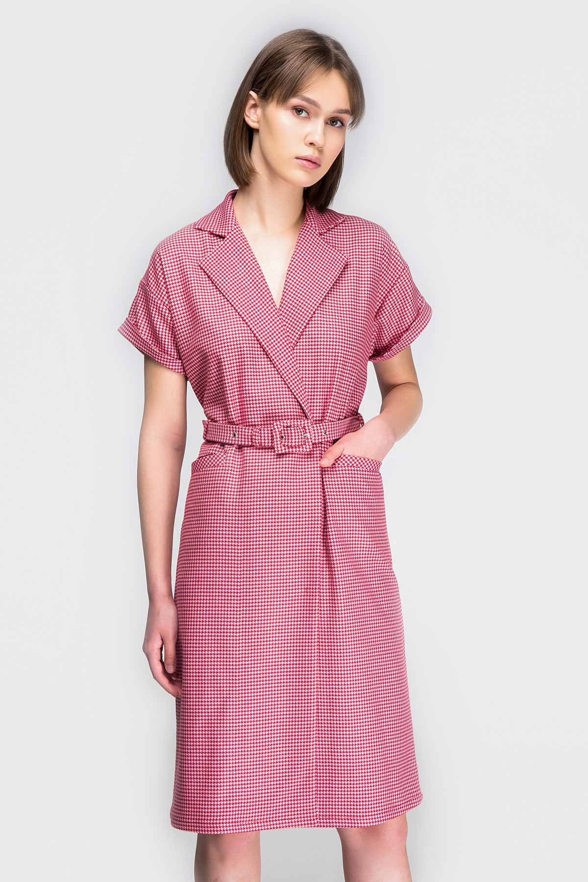 Pink-red houndstooth wrap dress with a waist, photo 6