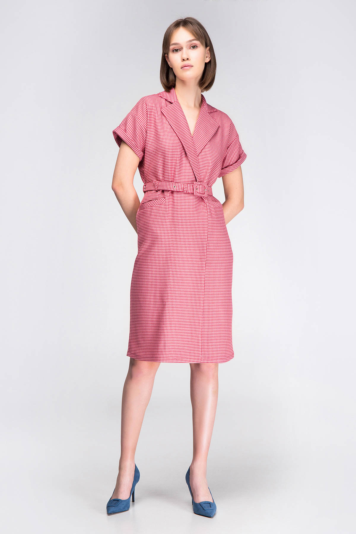 Pink-red houndstooth wrap dress with a waist, photo 14