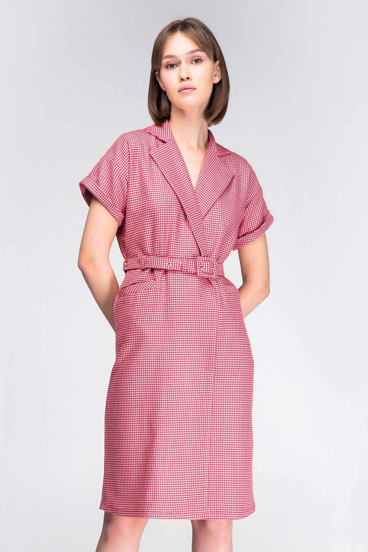 Pink-red houndstooth wrap dress with a waist, photo 15