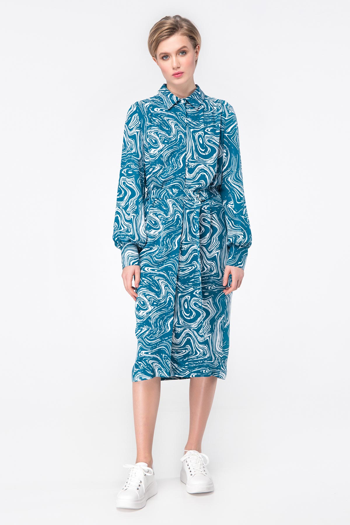 Midi dress with turquoise print with a waist, photo 1