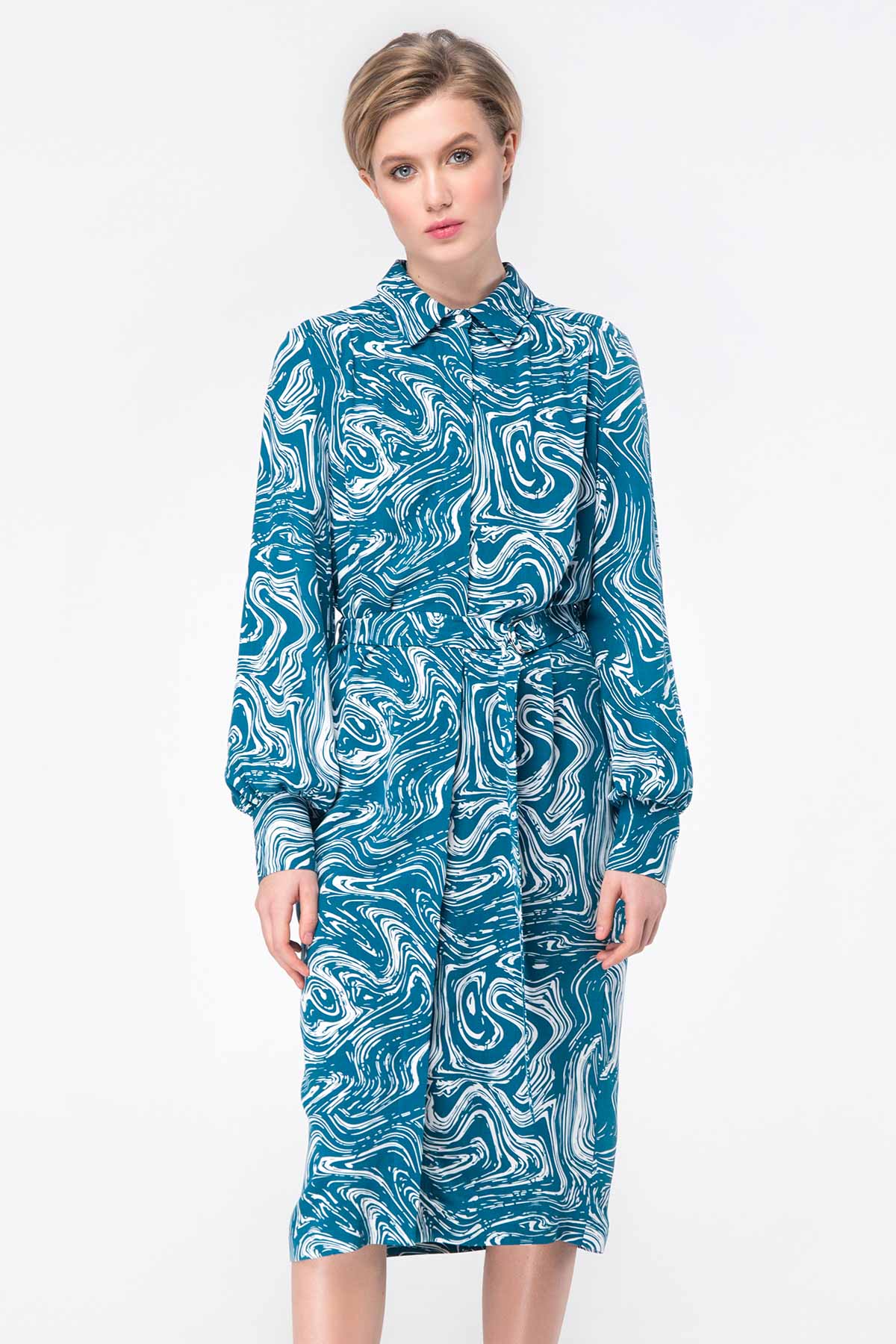 Midi dress with turquoise print with a waist, photo 2