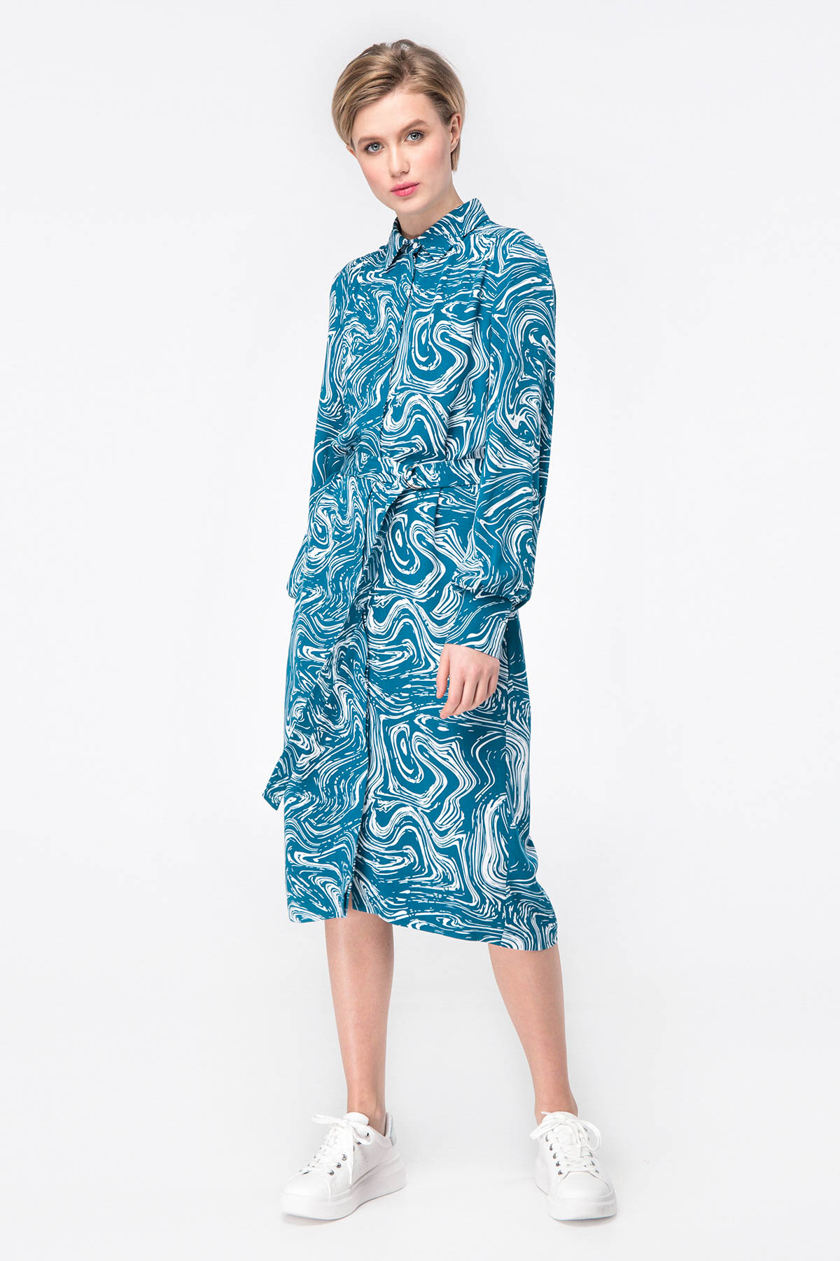 Midi dress with turquoise print with a waist, photo 3