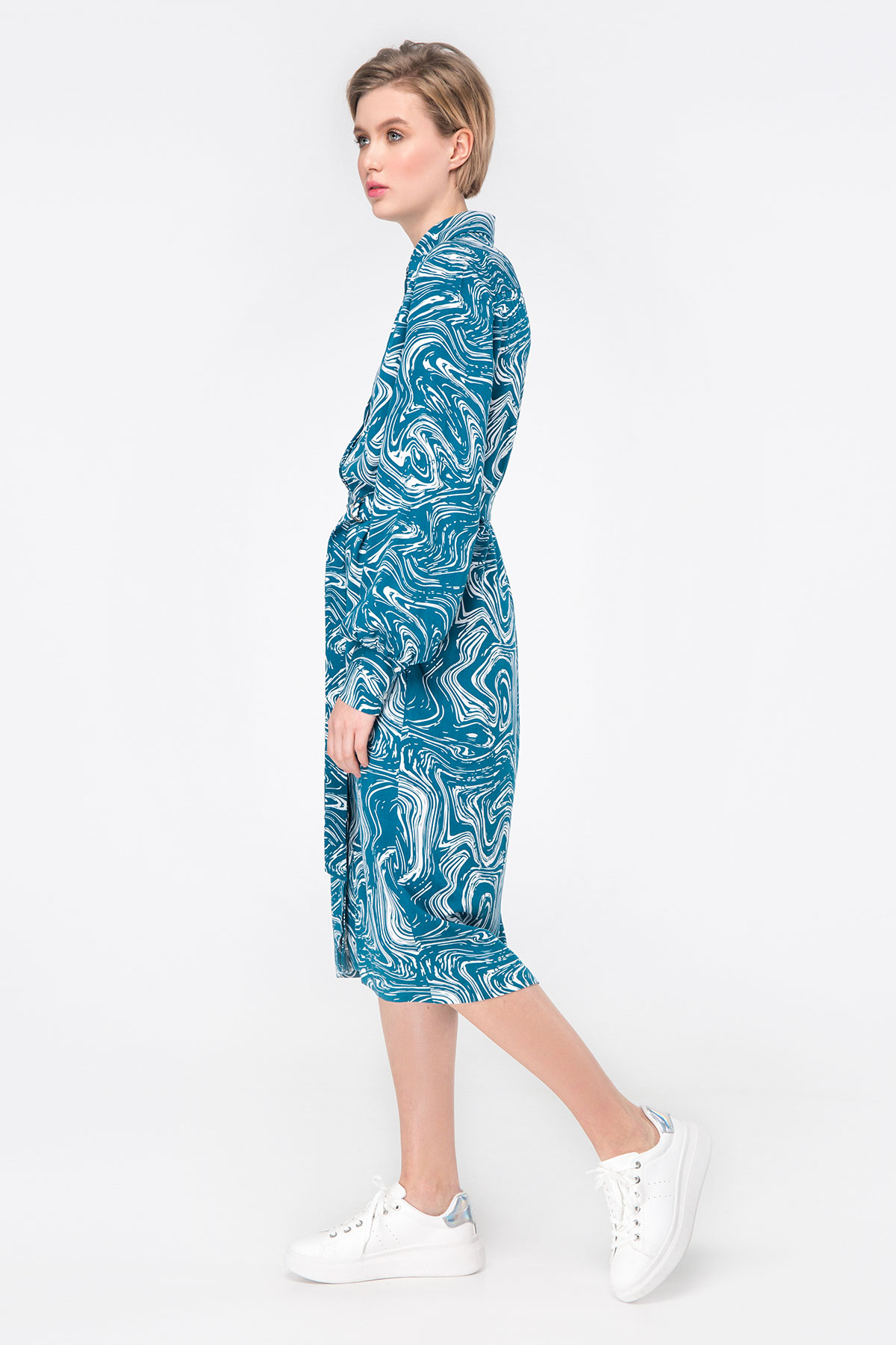 Midi dress with turquoise print with a waist, photo 4