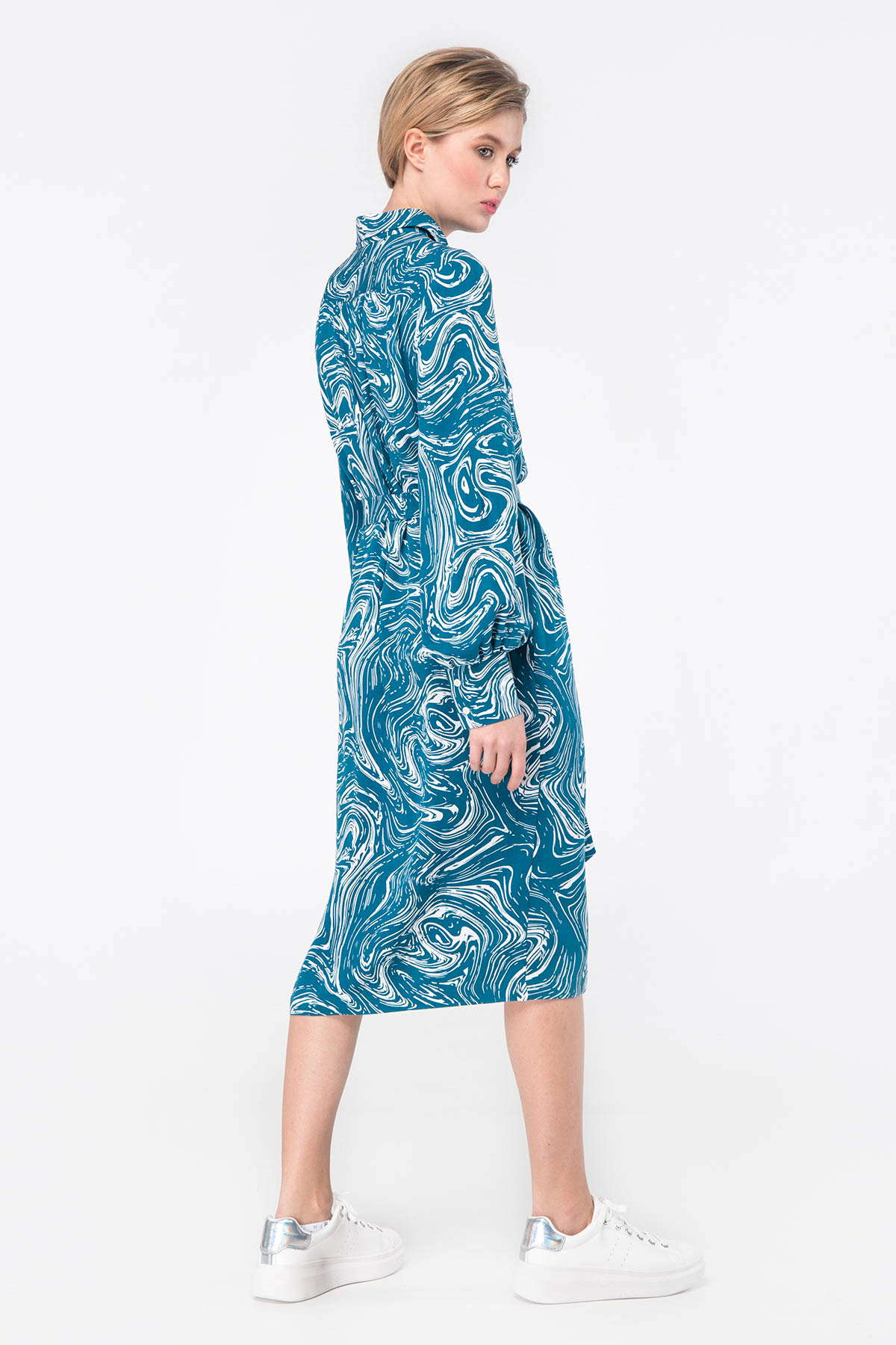 Midi dress with turquoise print with a waist, photo 5