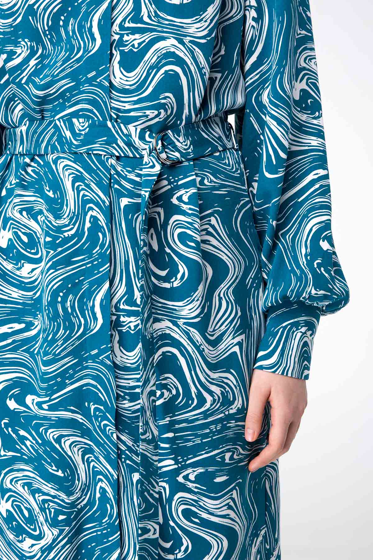 Midi dress with turquoise print with a waist, photo 6