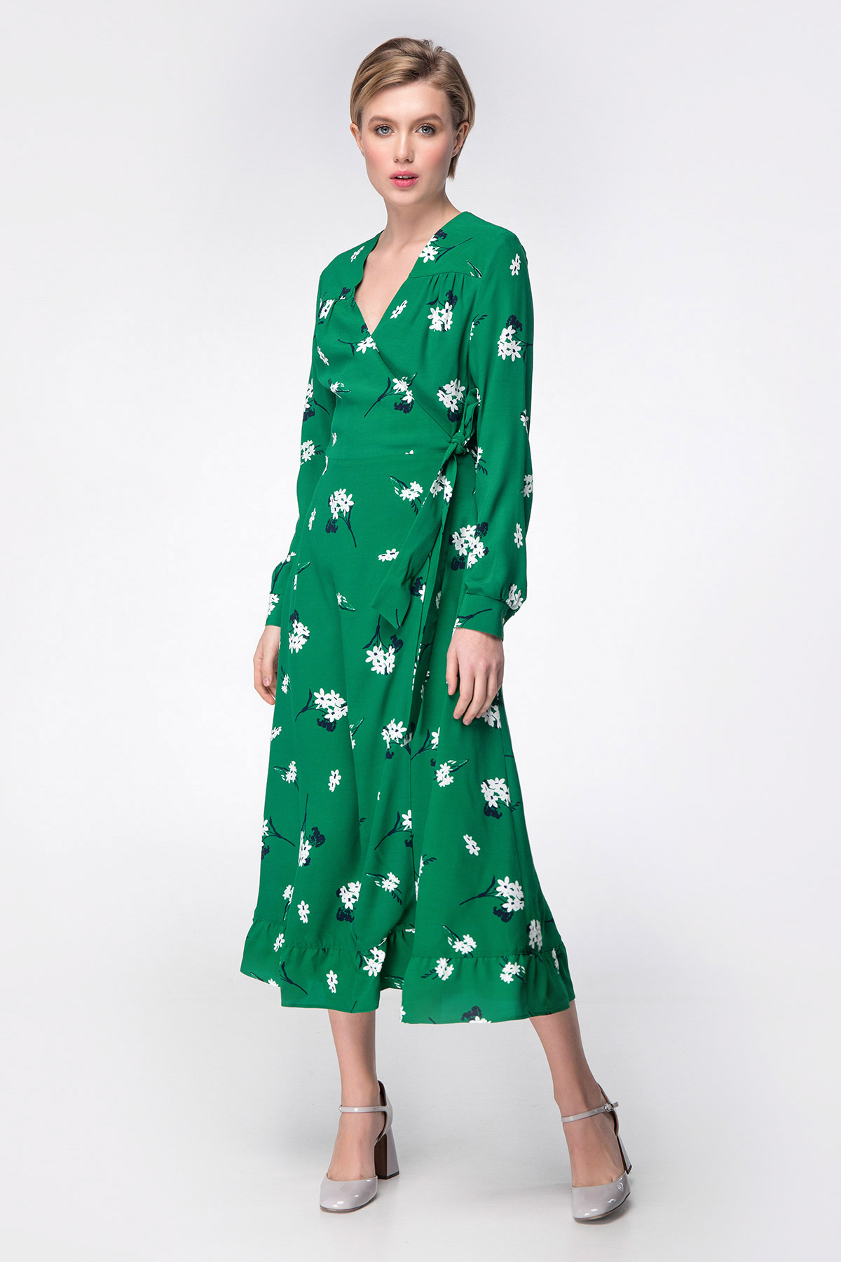 Green wrap mini dress with floral print, photo 1