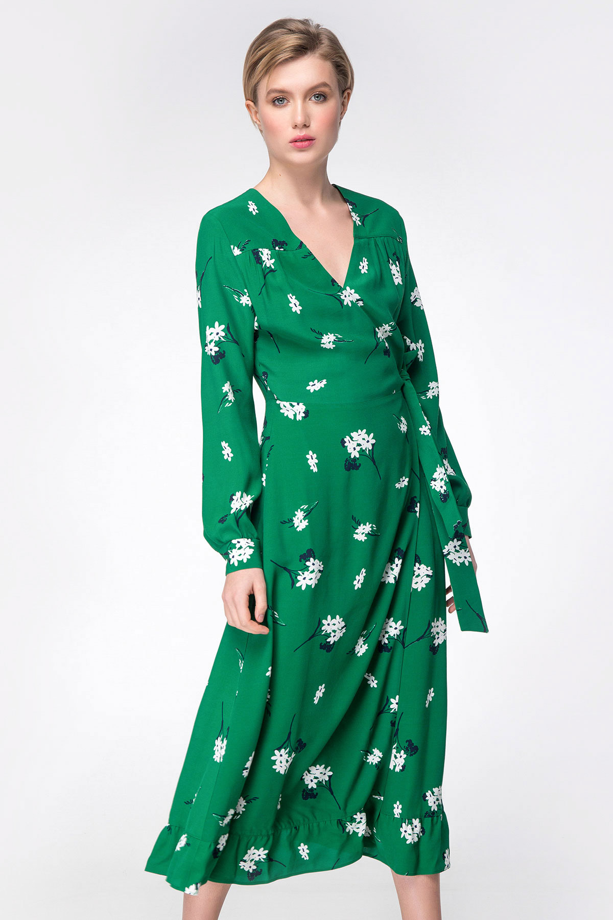 Green wrap mini dress with floral print, photo 4