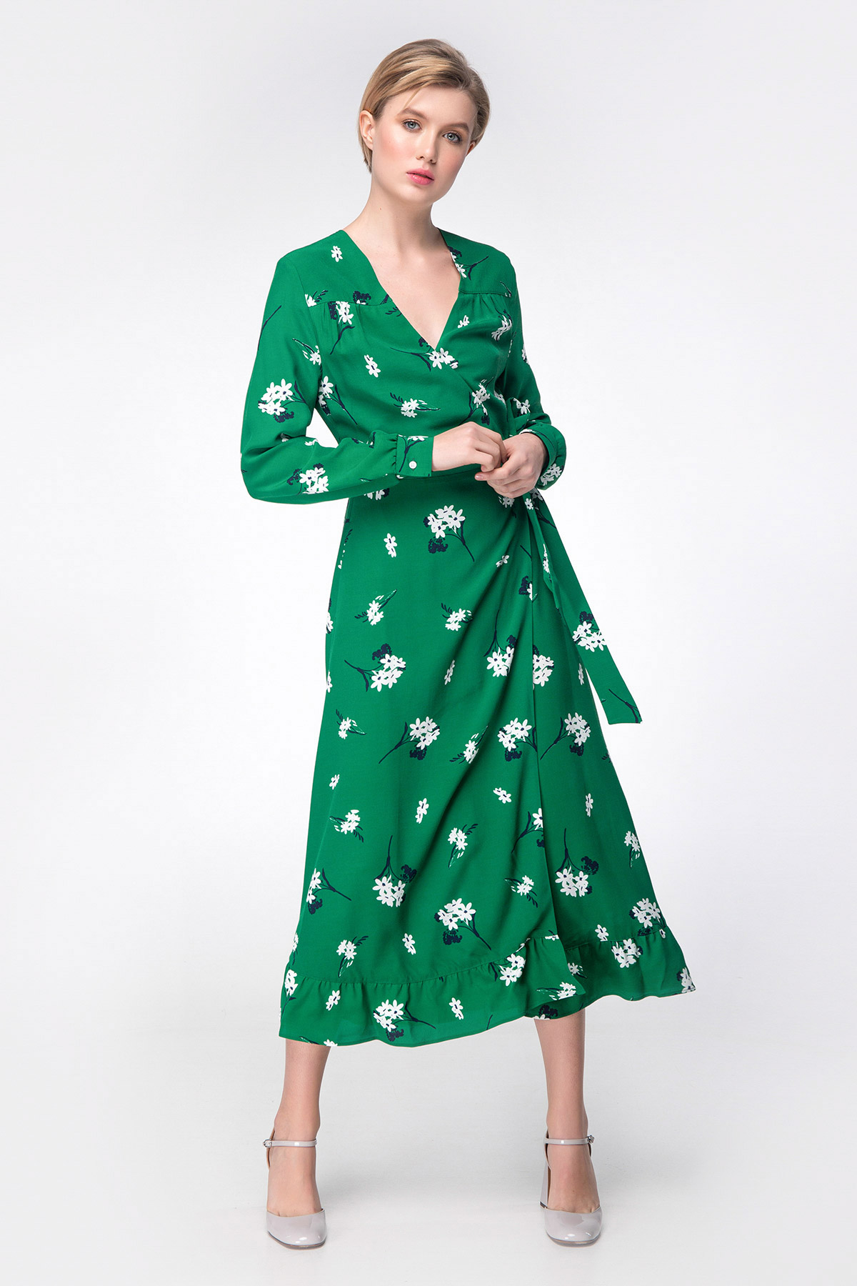 Зелена сукня міді на запах з квітковим принтом, фото 5