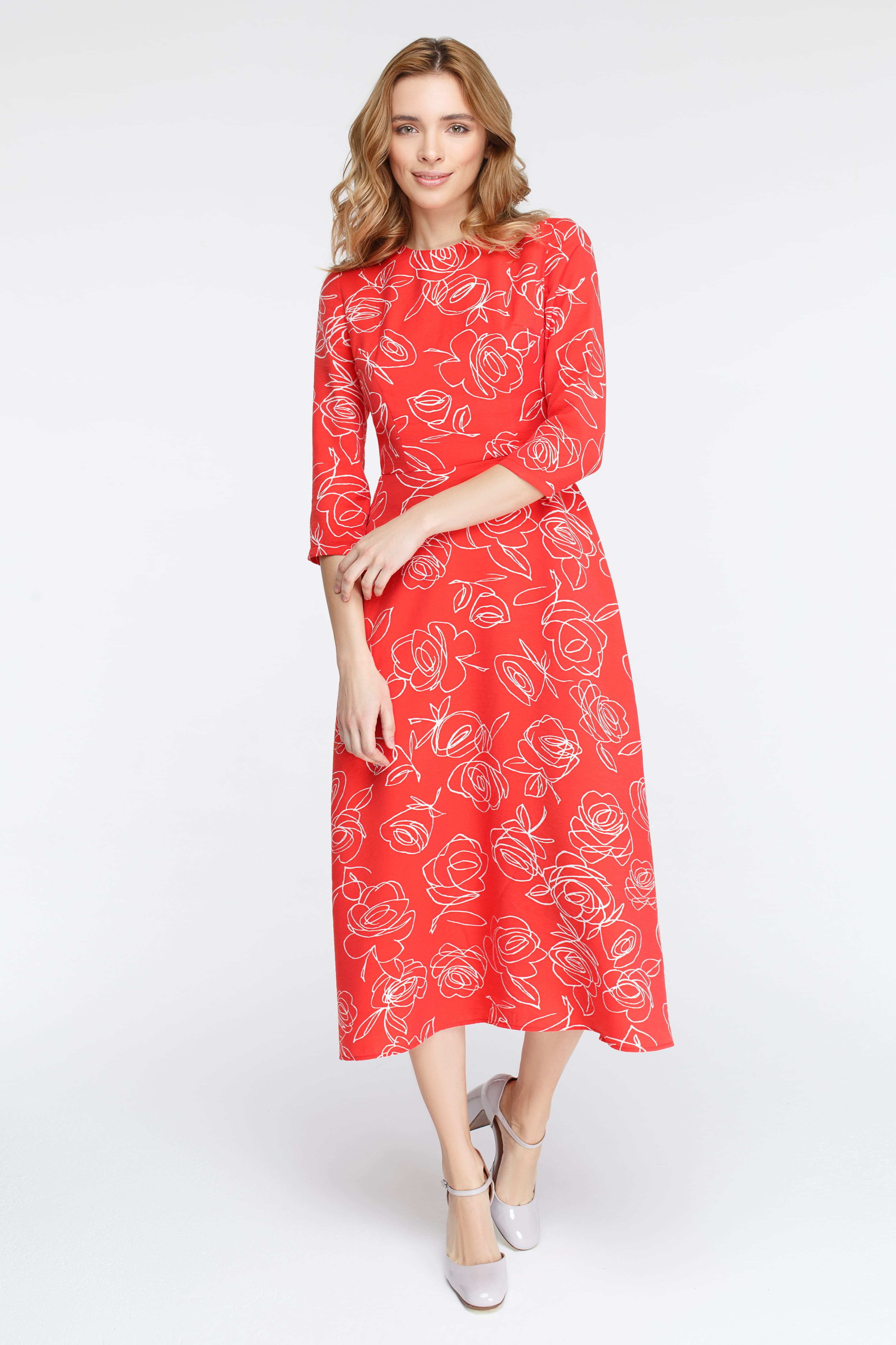 Красное платье миди в цветочный принт , фото 1