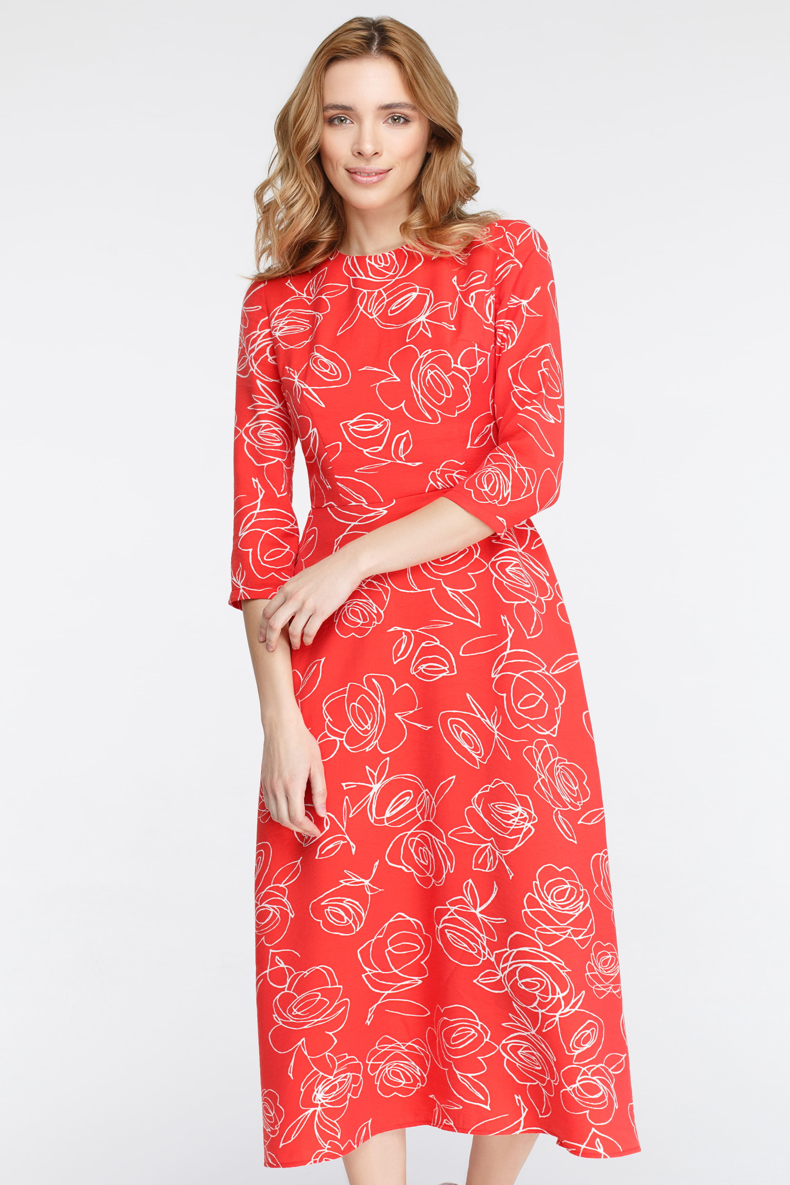 Красное платье миди в цветочный принт , фото 2