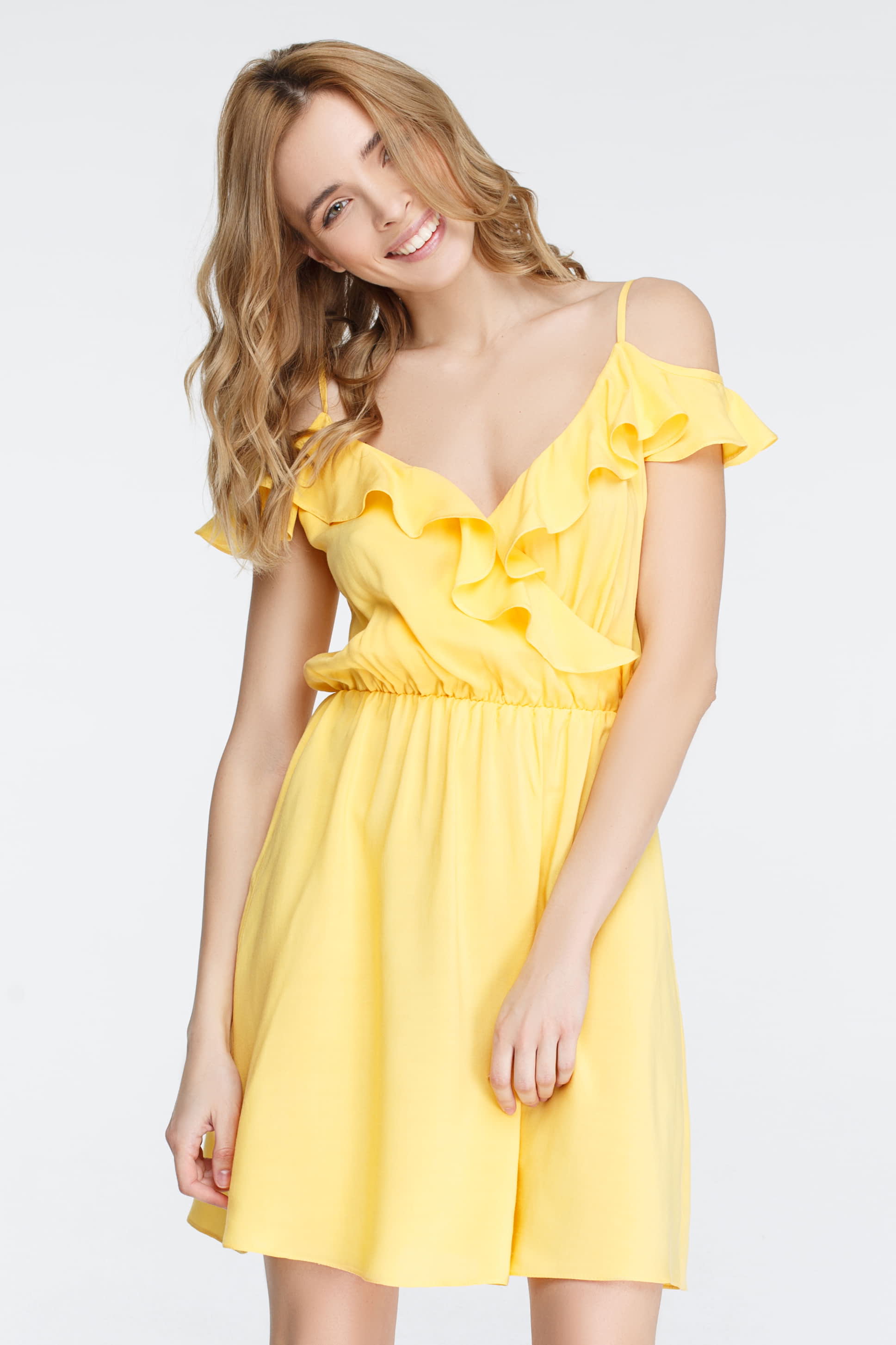 Yellow dress with thin straps with ruches, photo 2
