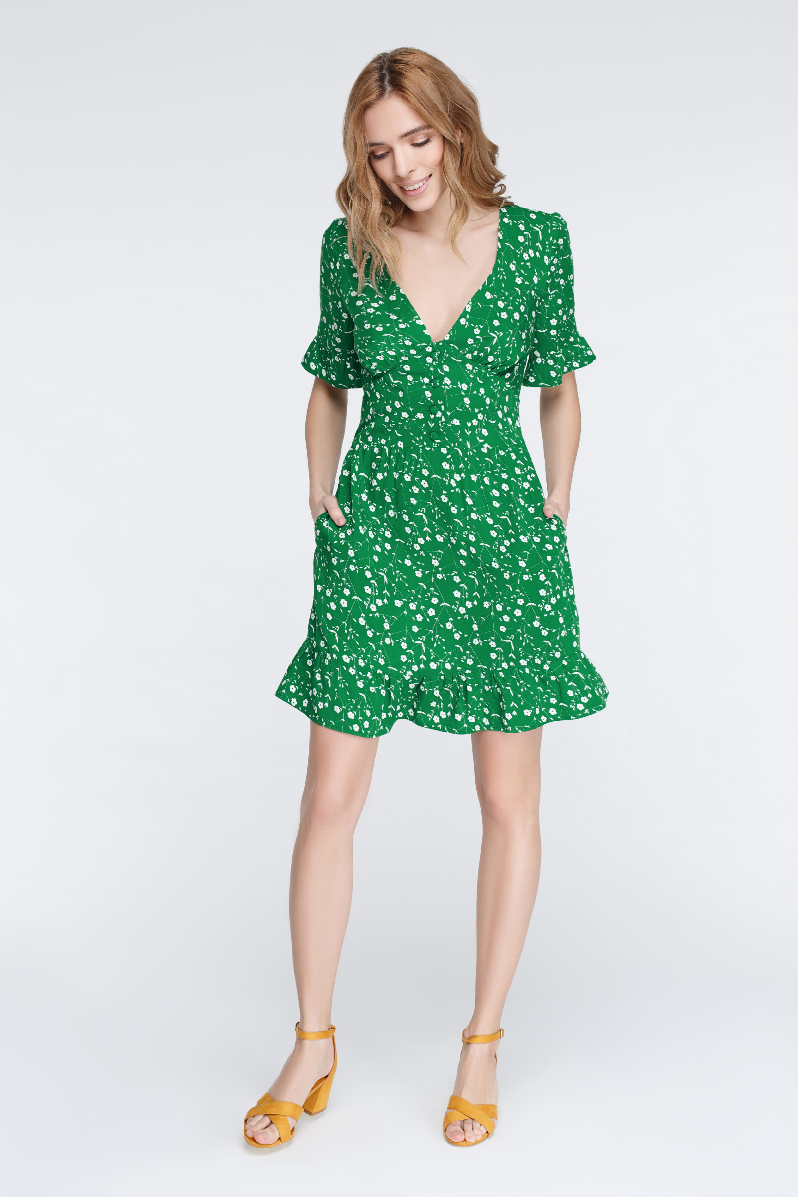 Green mini dress in floral print with frill, photo 1