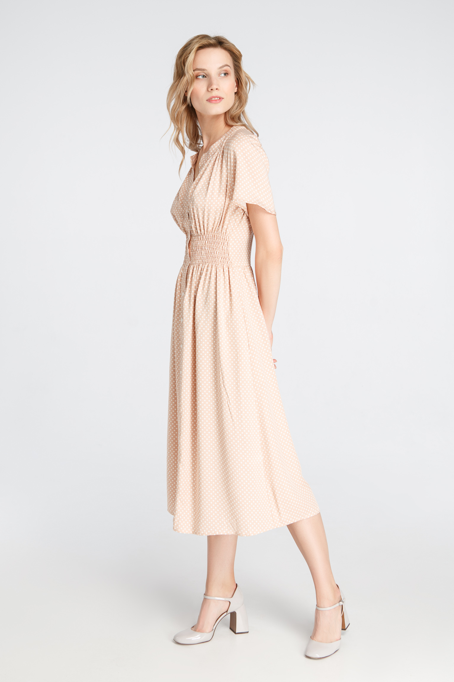 Beige dress in white peas with elastic, photo 2