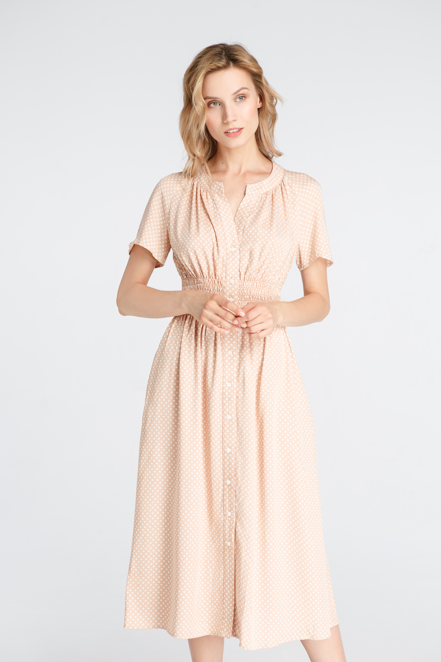 Beige dress in white peas with elastic, photo 3