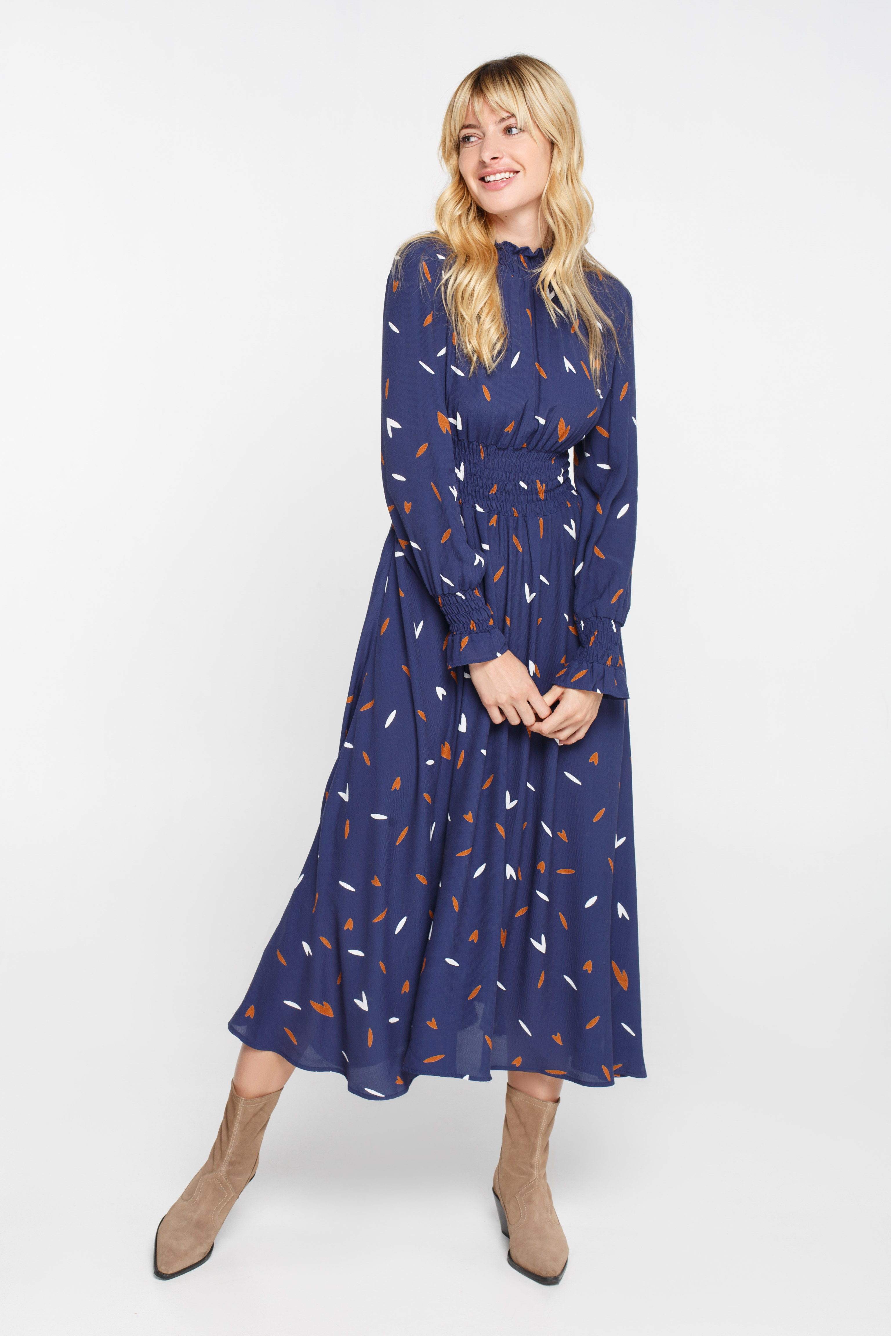 Blue midi dress with elastic waistband and white-brown leaves pattern, photo 2