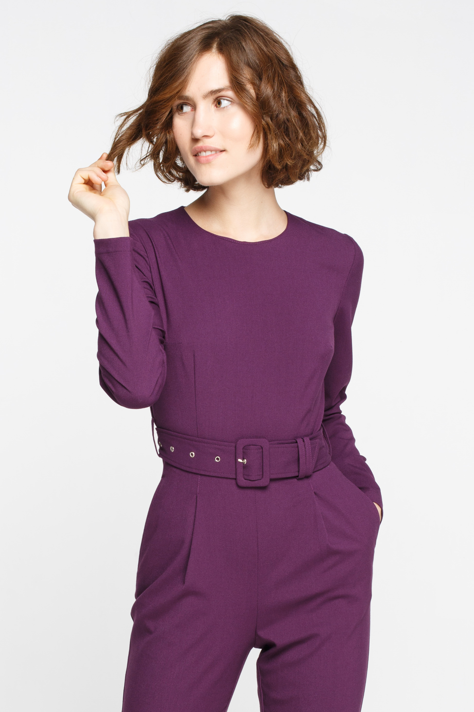 Purple jumpsuit with long sleeves and a belt, photo 2
