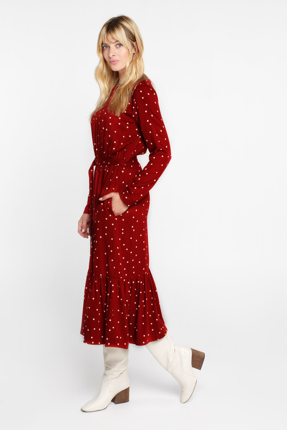 Винна сукня міді у невеликий горох з довгими рукавами з віскози, фото 3