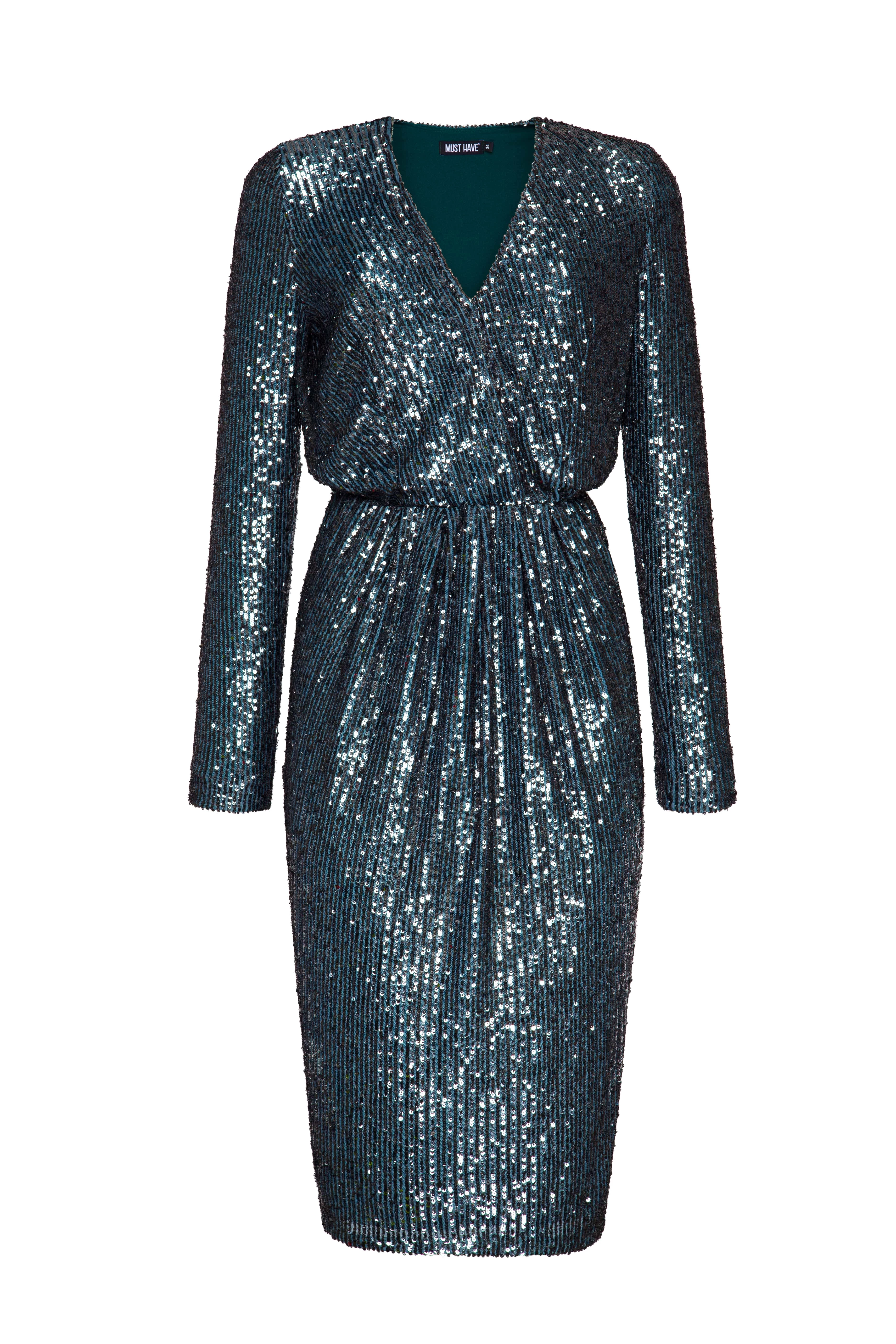 Emerald sequin dress with V-neck below the knee, photo 6
