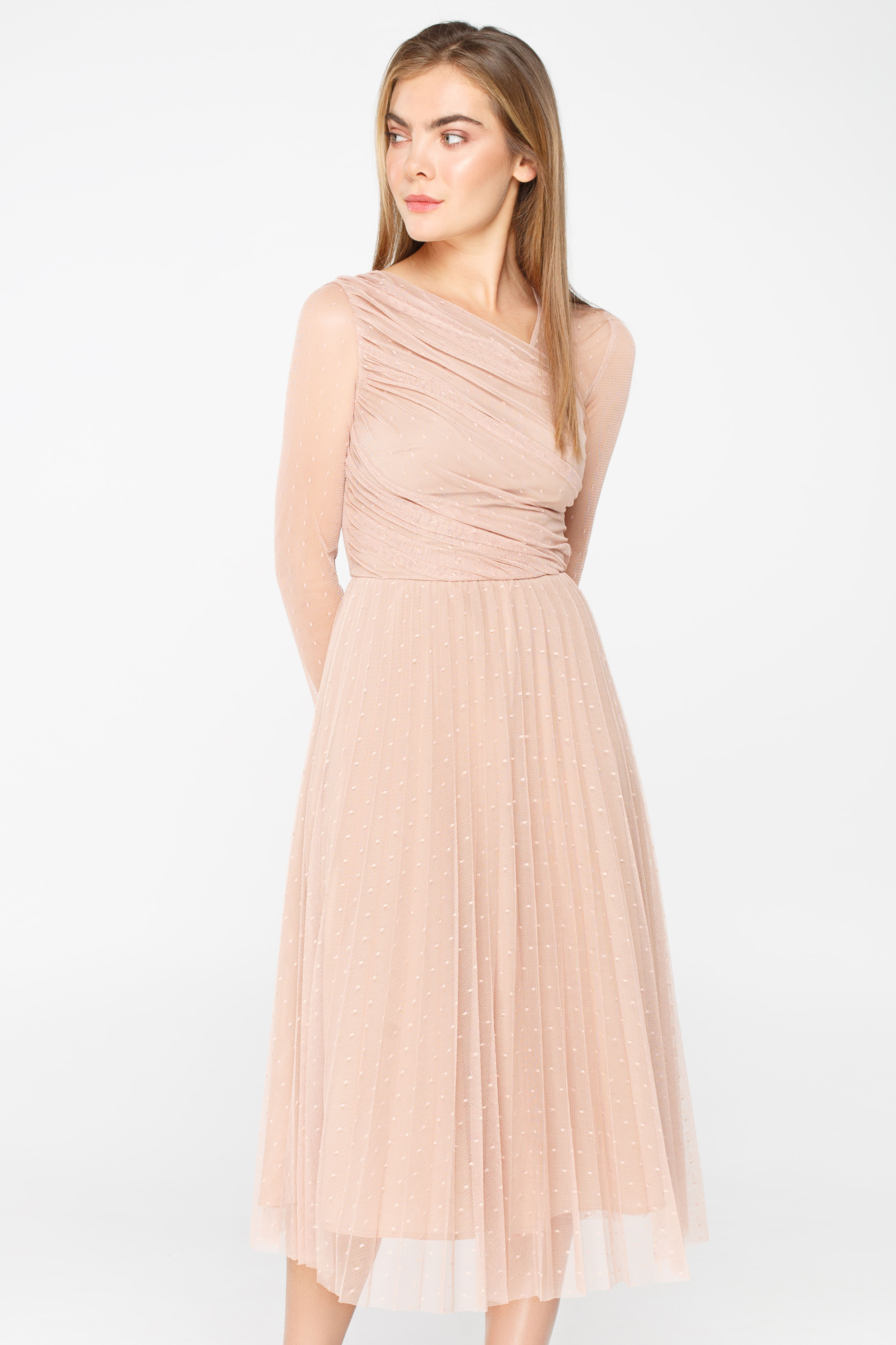 Пудрова сукня міді із сітки зі спідницею плісе , фото 1