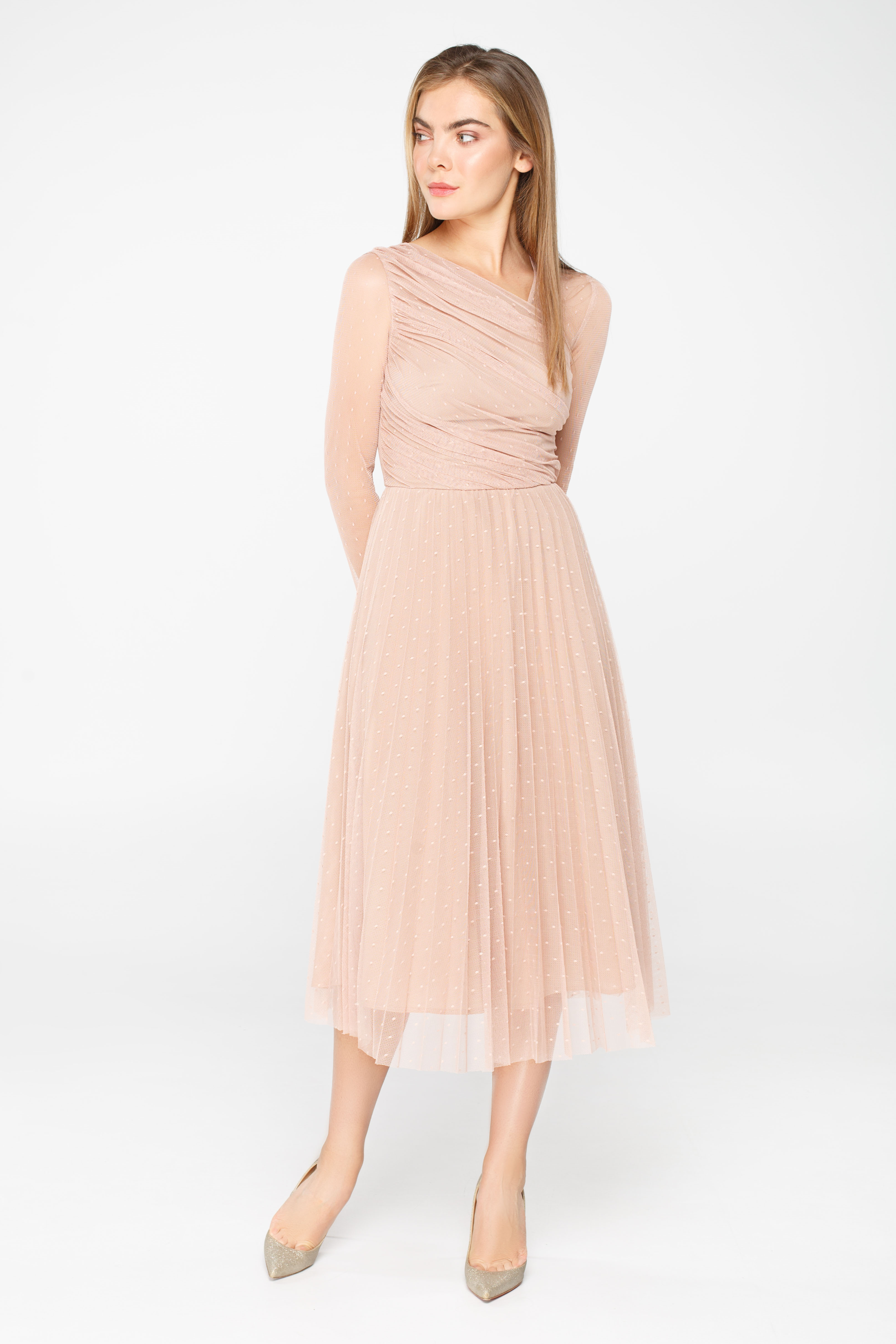 Pale pink tulle midi dress with pleated detail, photo 2