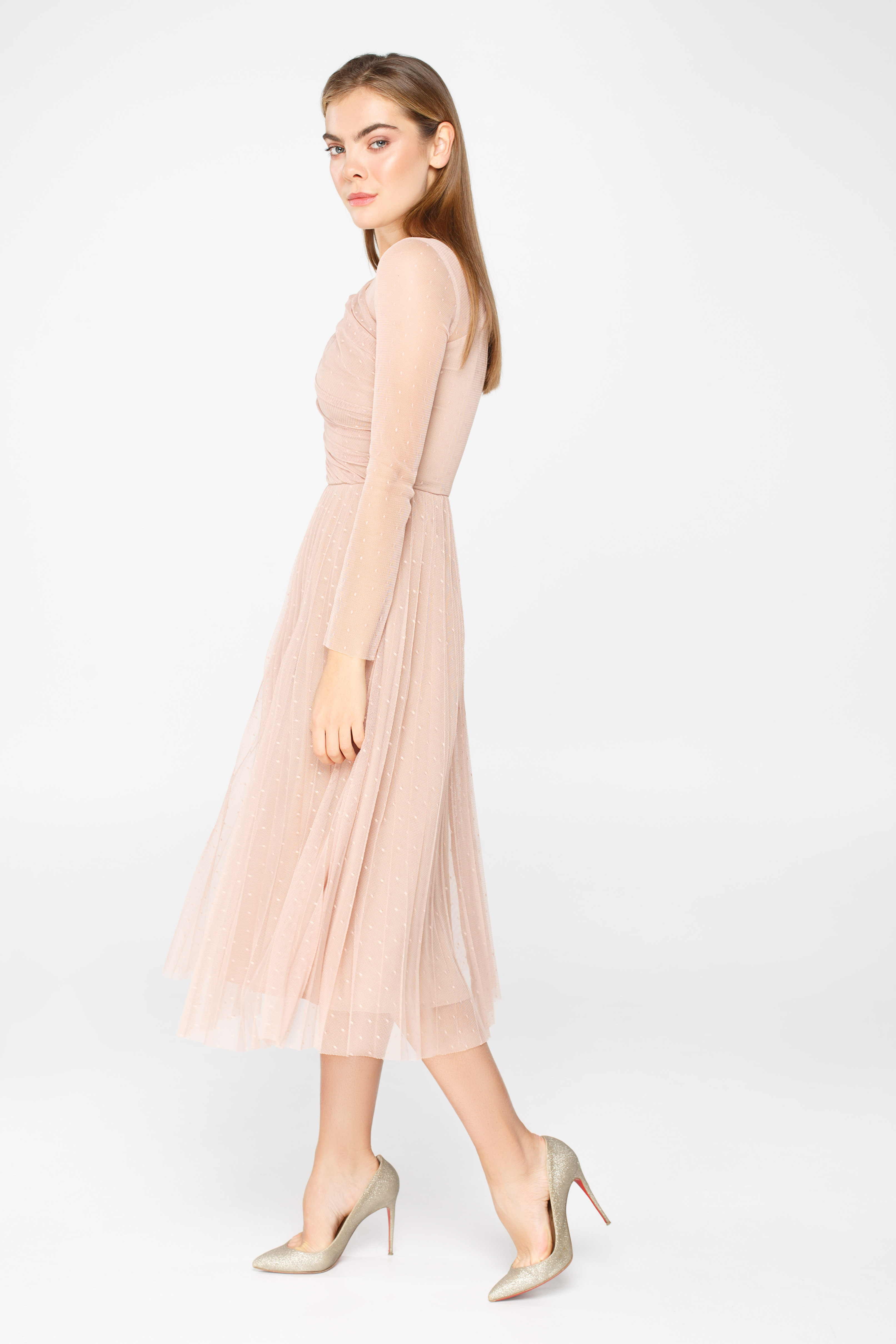 Pale pink tulle midi dress with pleated detail, photo 3