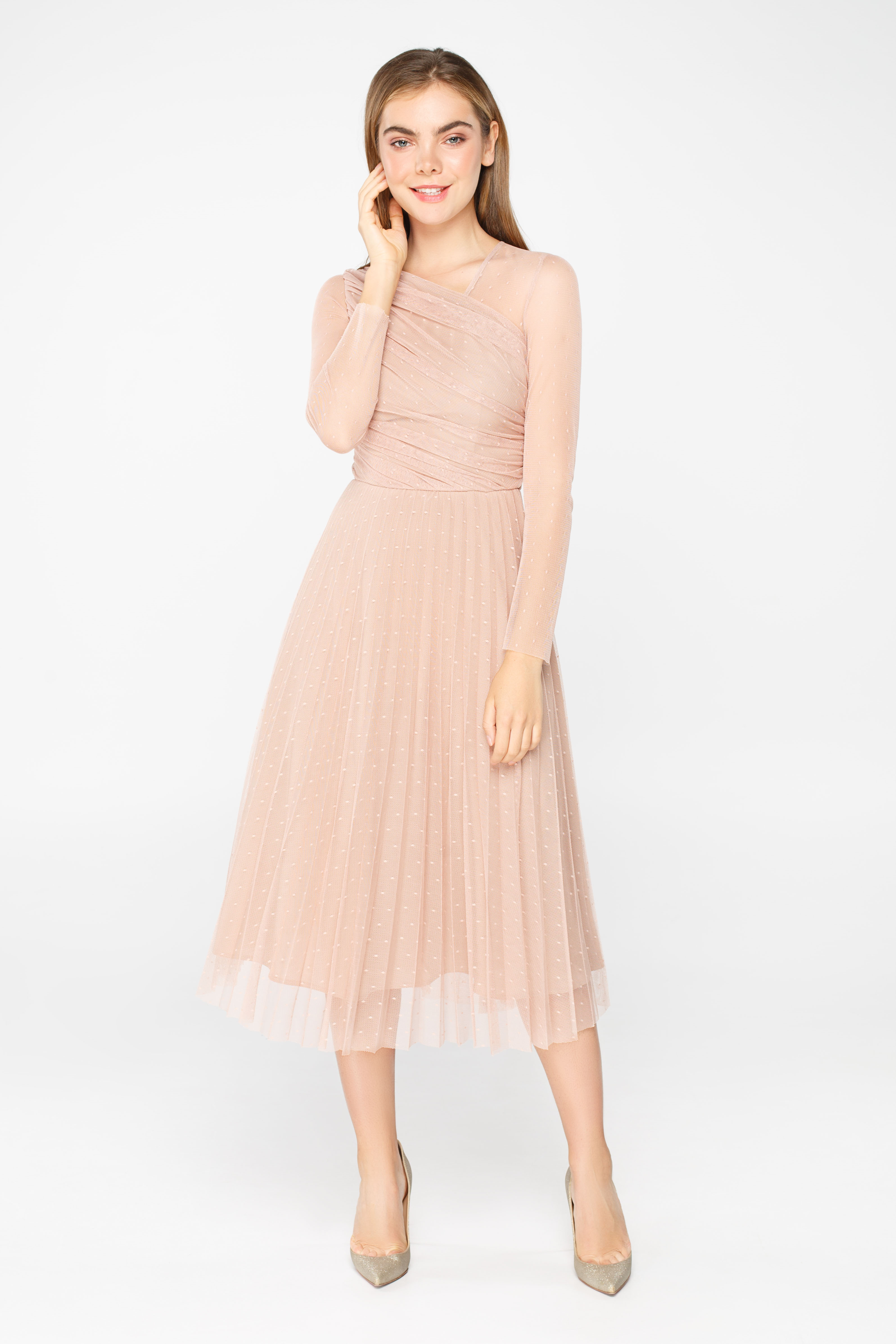 Pale pink tulle midi dress with pleated detail, photo 4