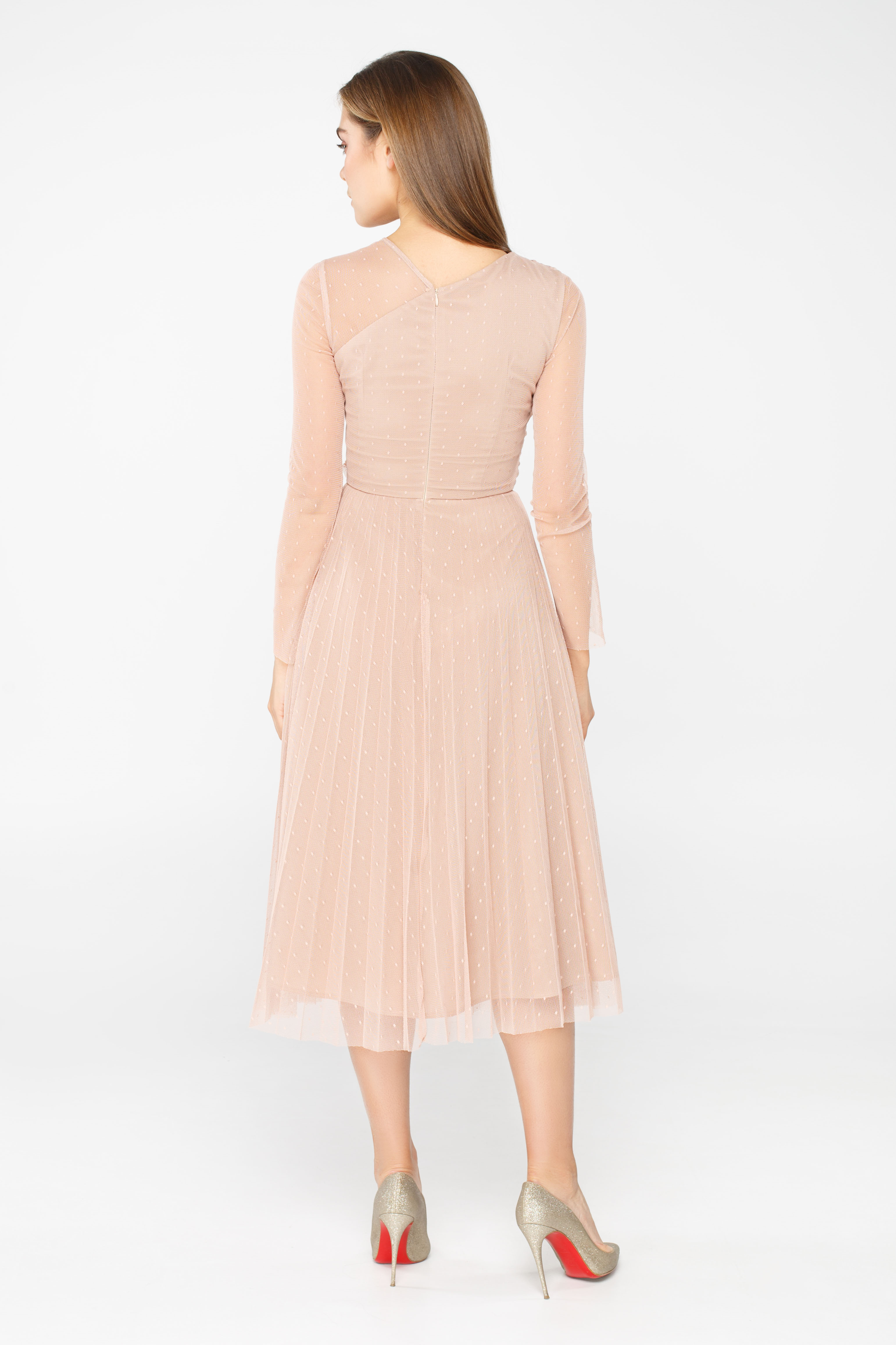 Пудрова сукня міді із сітки зі спідницею плісе , фото 5