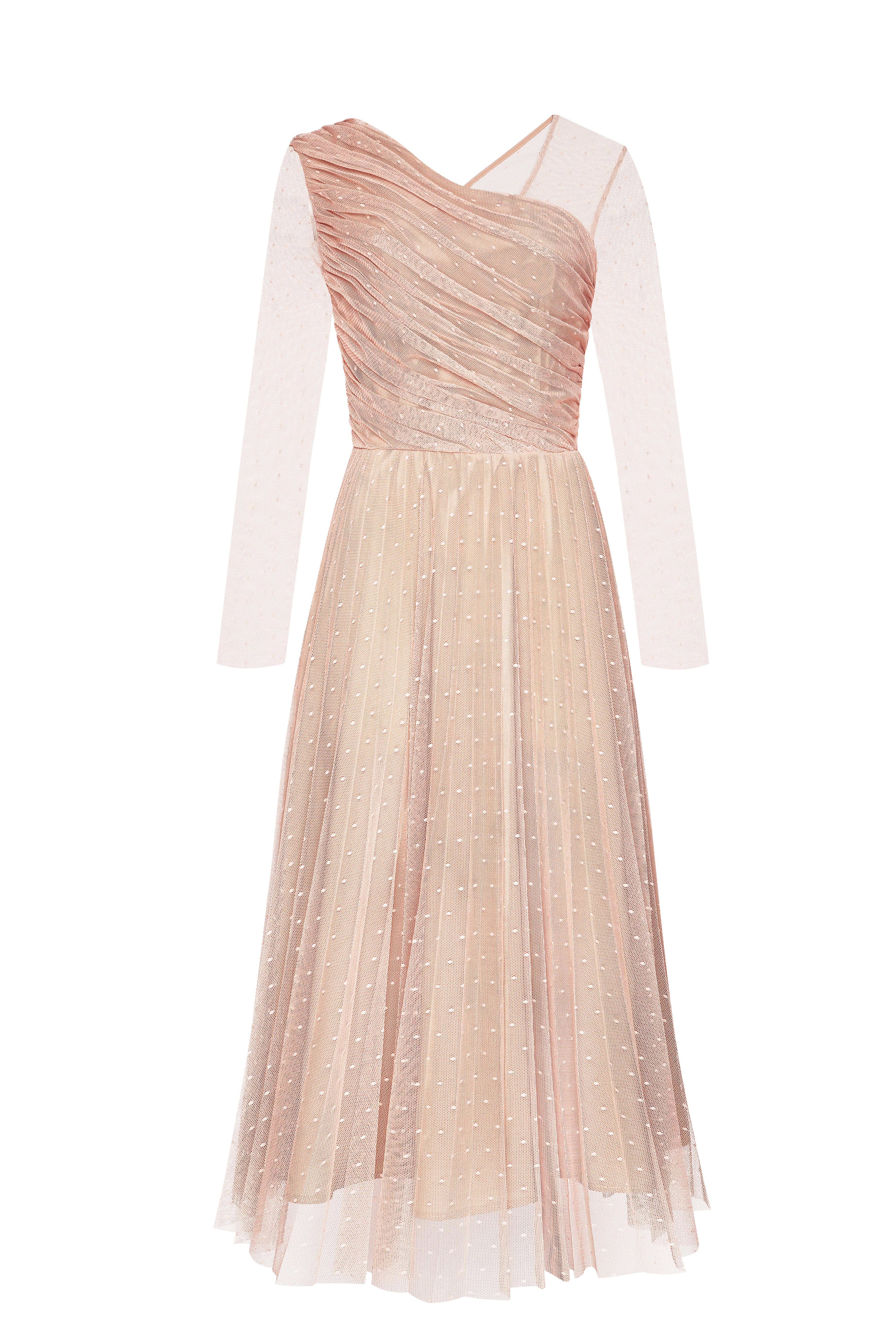 Пудрова сукня міді із сітки зі спідницею плісе , фото 6