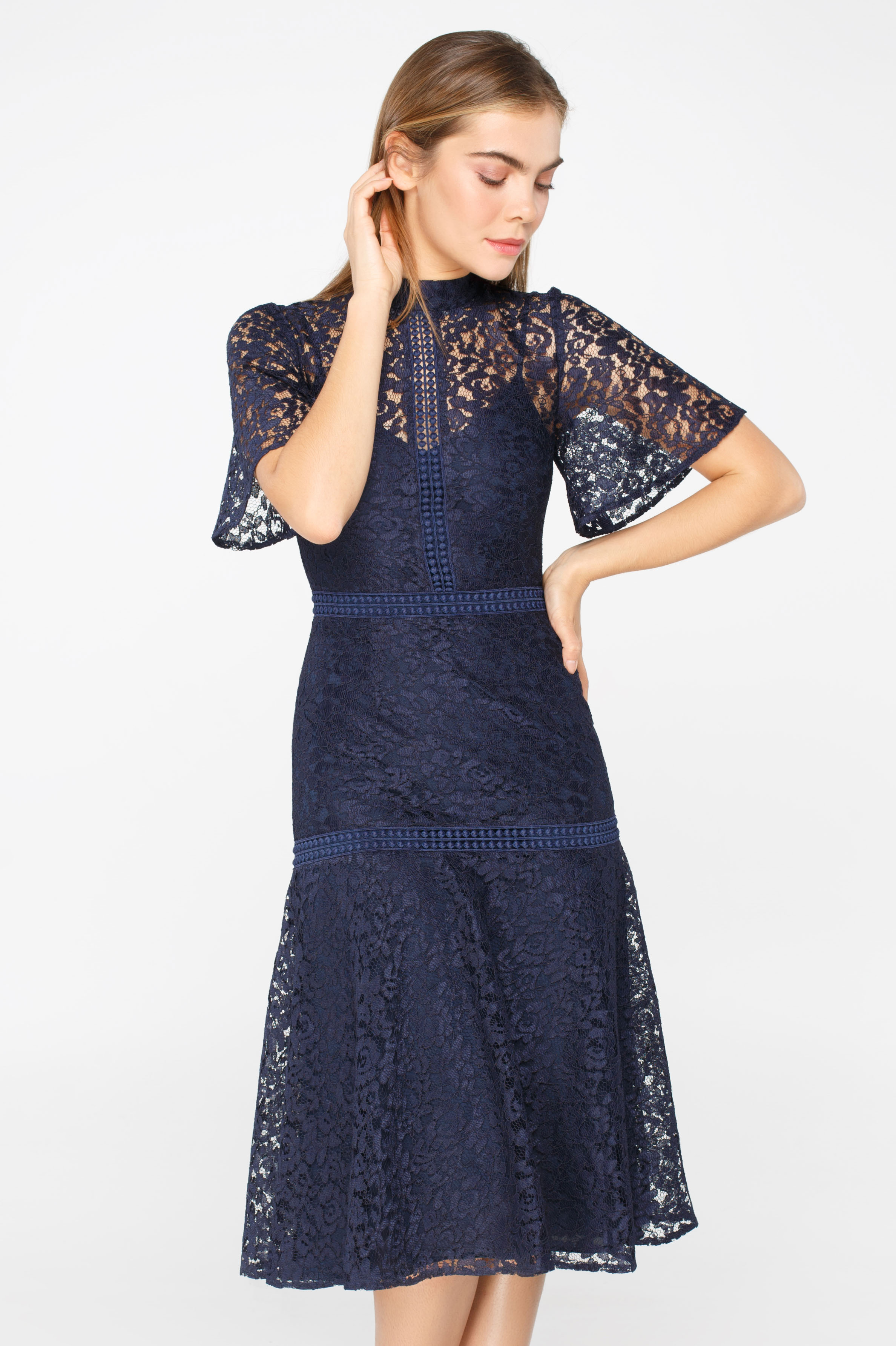 Blue lace mini dress with flared sleeves , photo 1