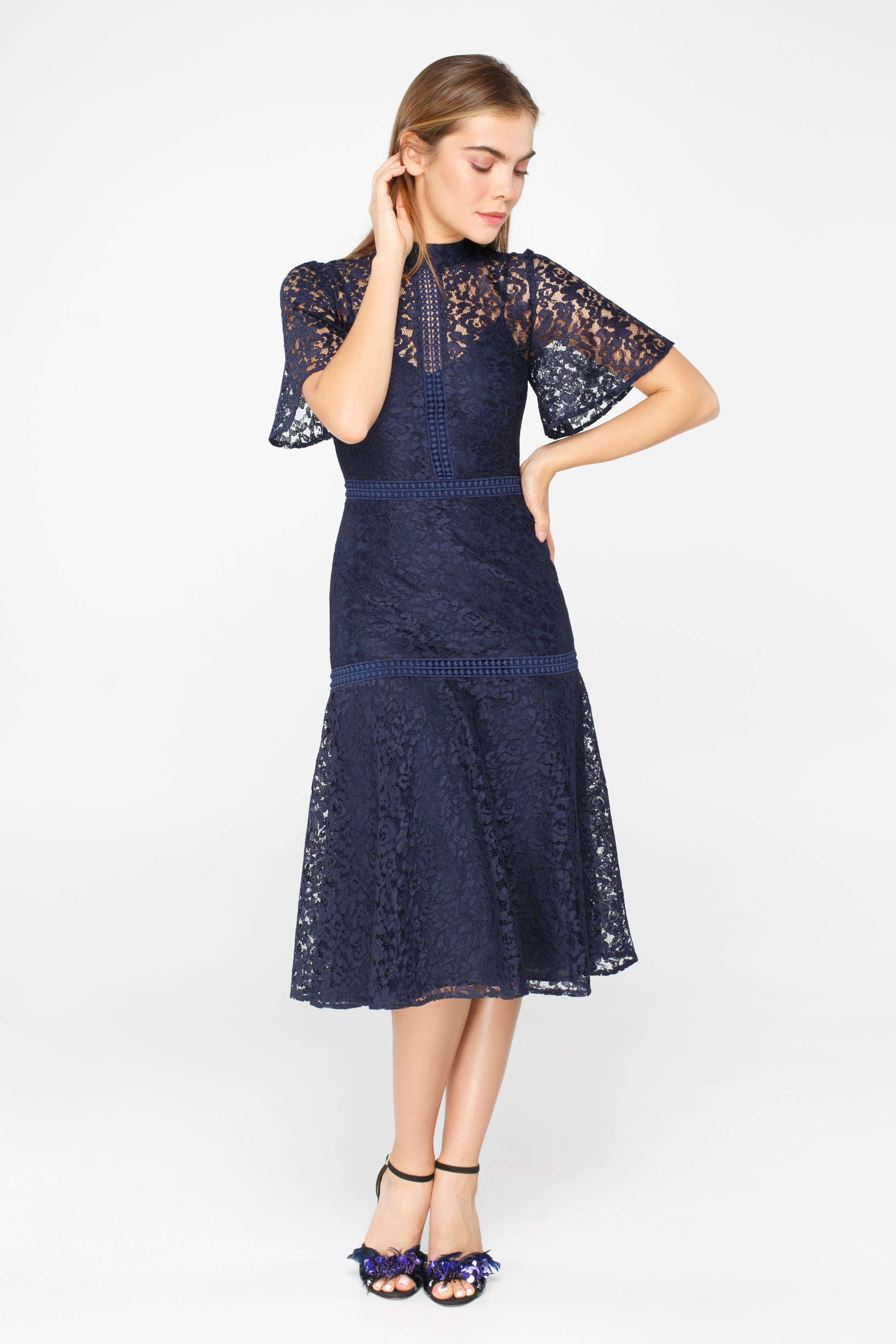 Blue lace mini dress with flared sleeves , photo 2