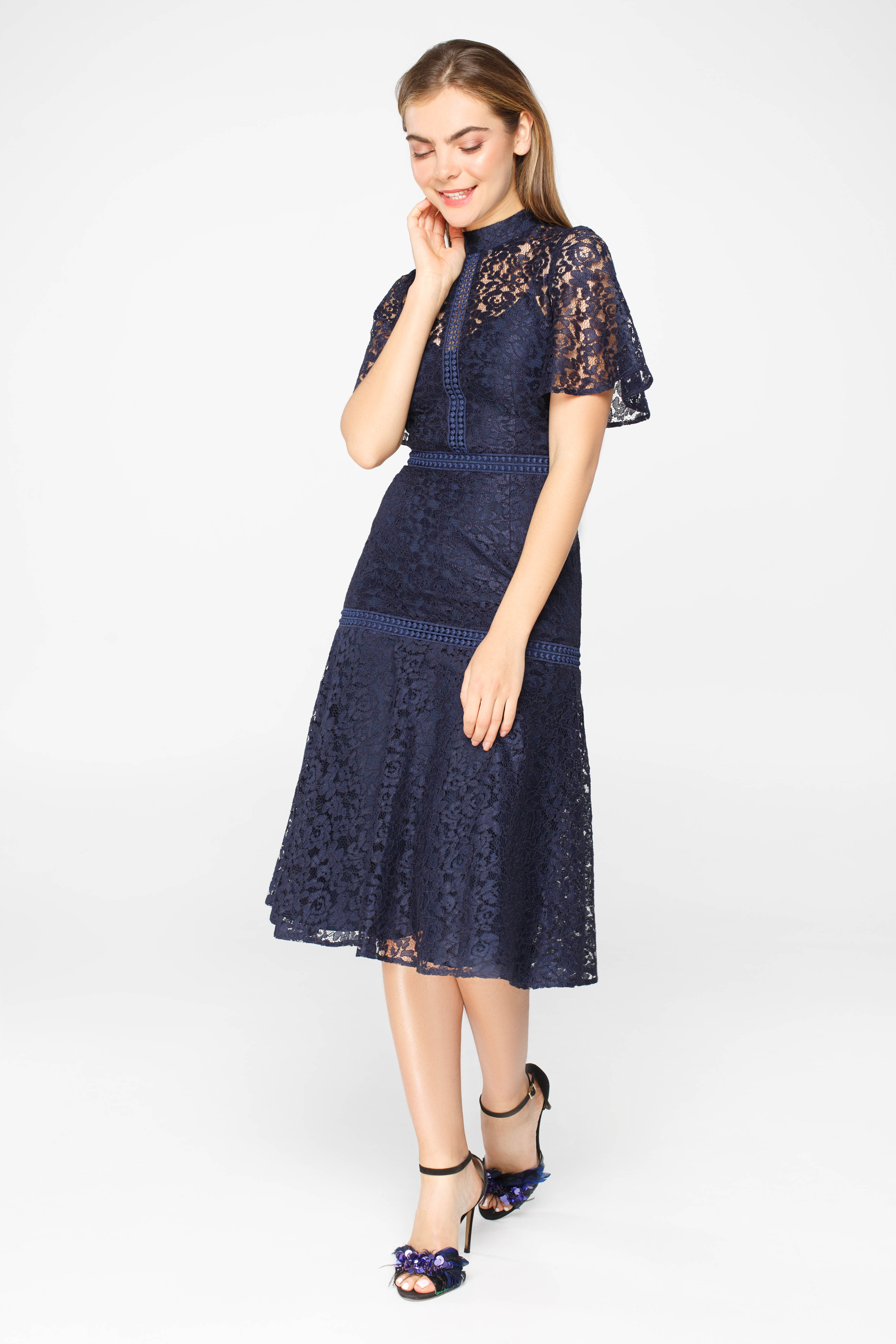 Blue lace mini dress with flared sleeves , photo 3