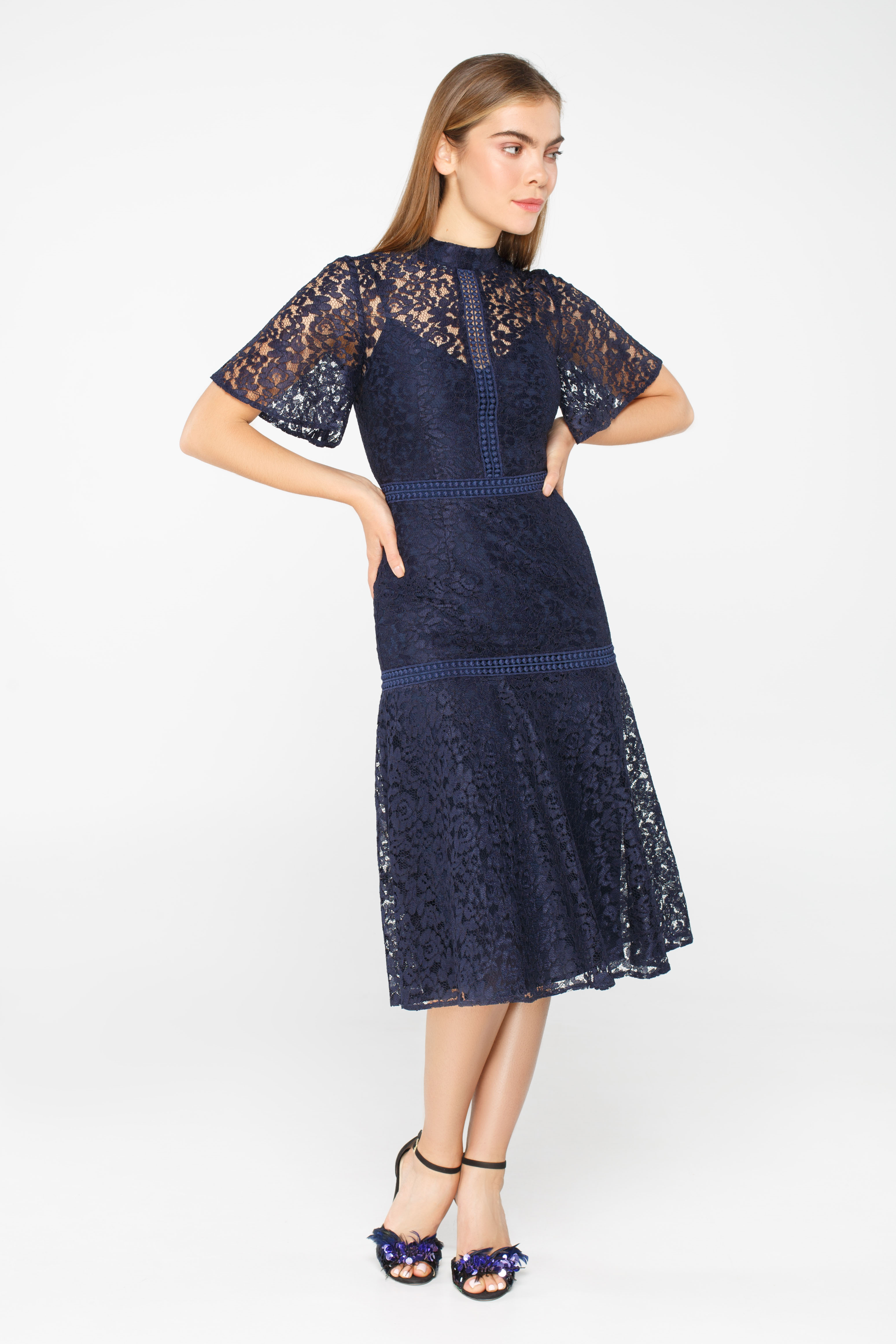 Blue lace mini dress with flared sleeves , photo 4