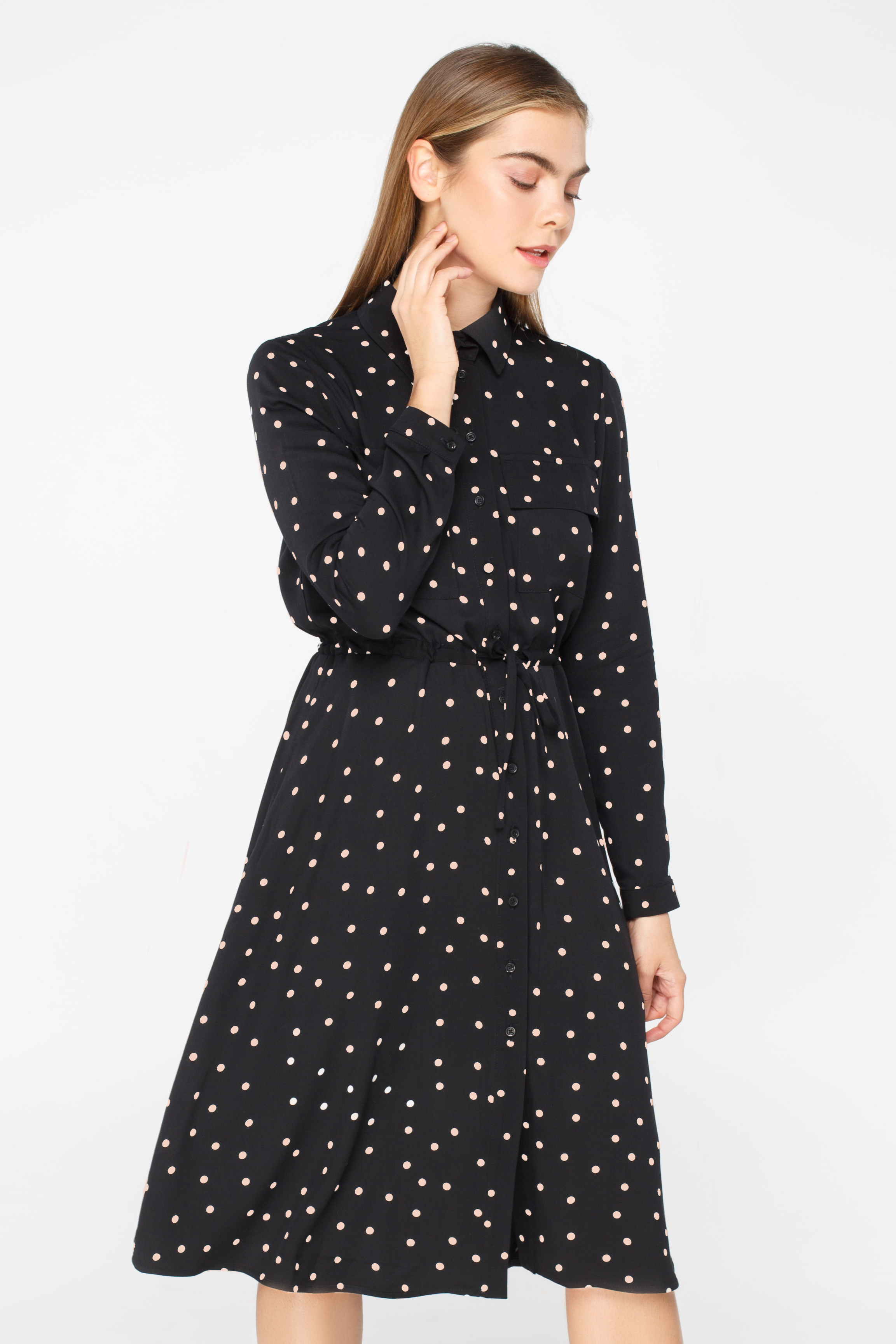 Black polka dot shirt dress below the knee, photo 1