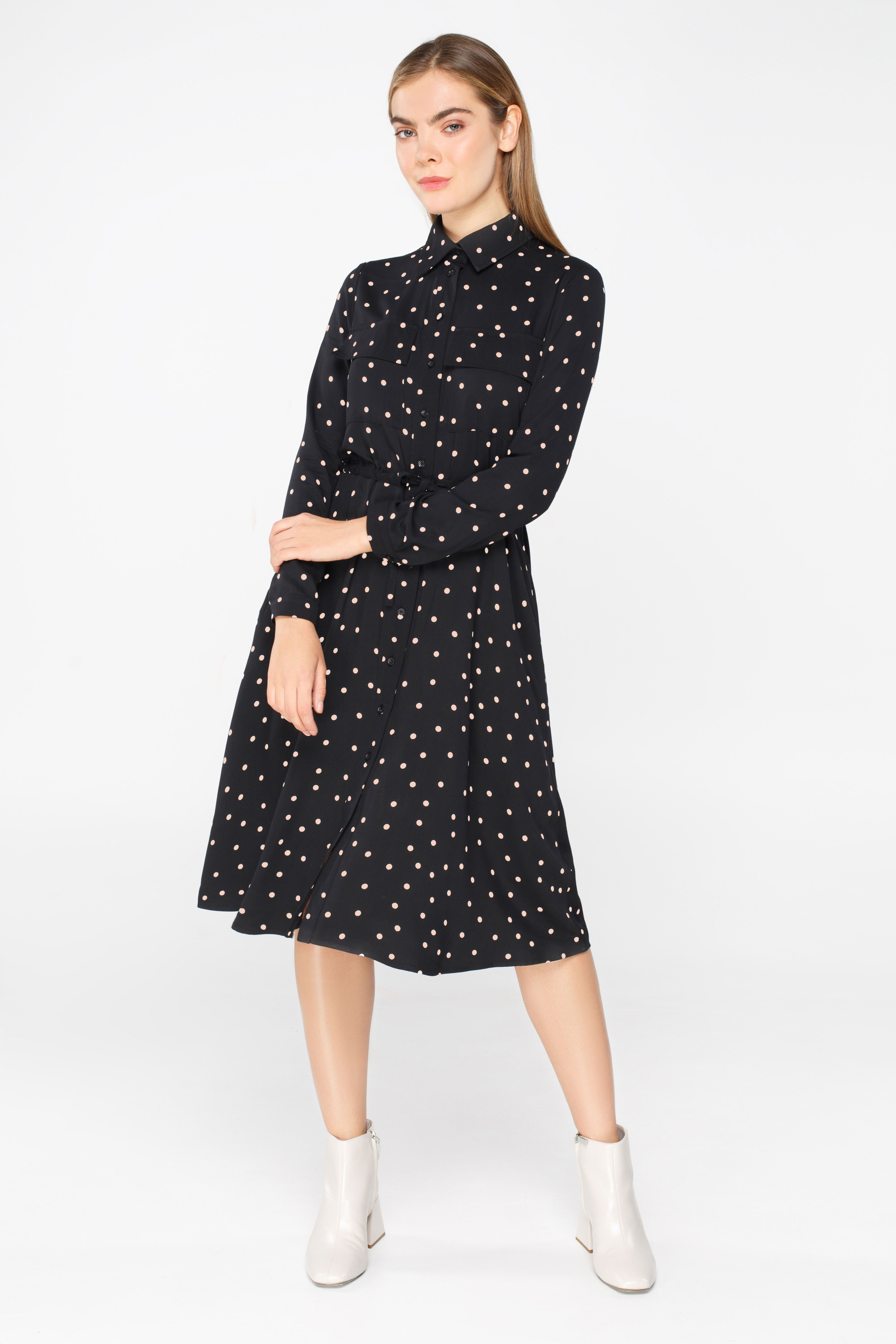 Black polka dot shirt dress below the knee, photo 2