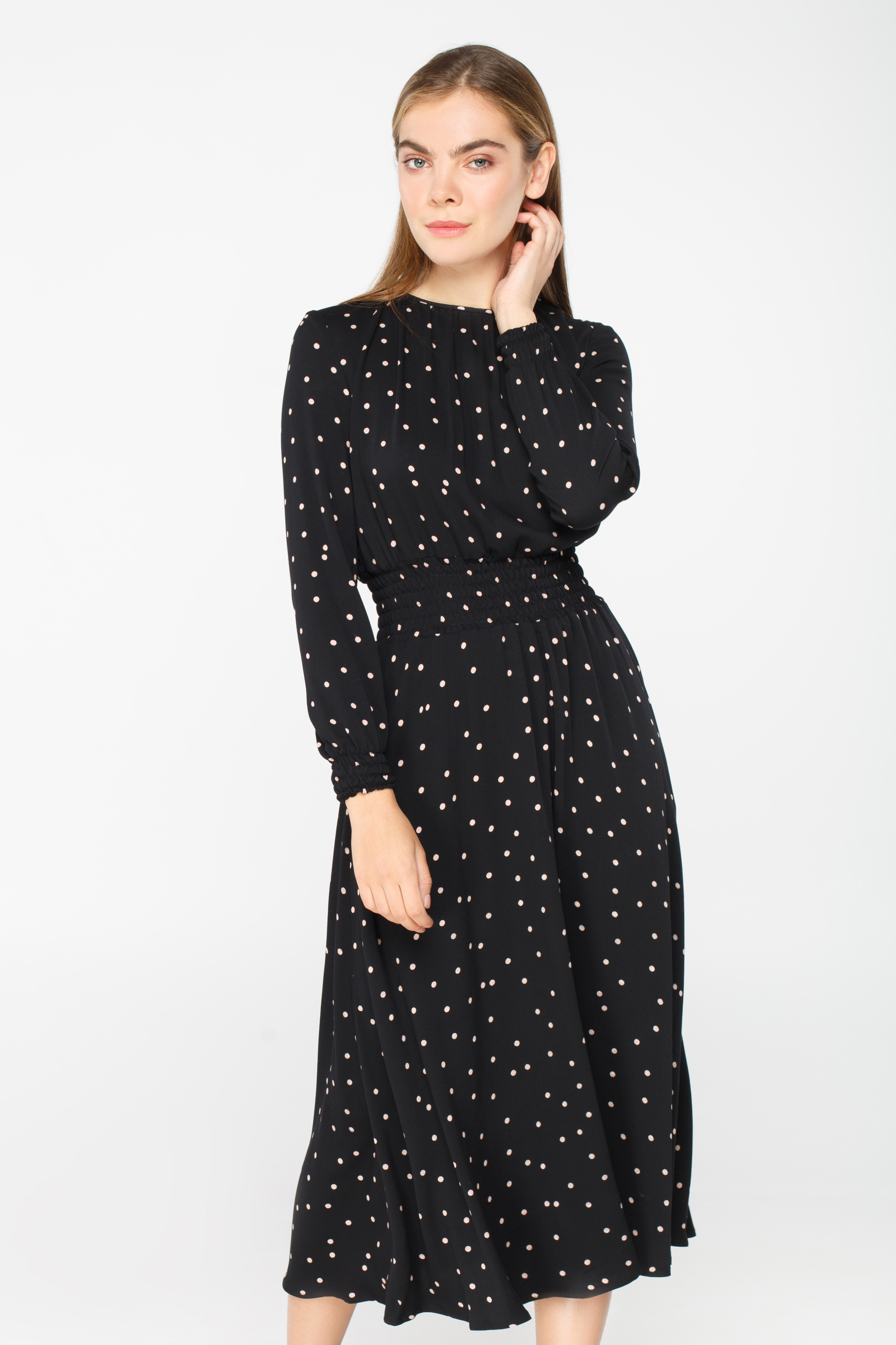 Black polka dot midi dress with elastic waist and cuffs , photo 1