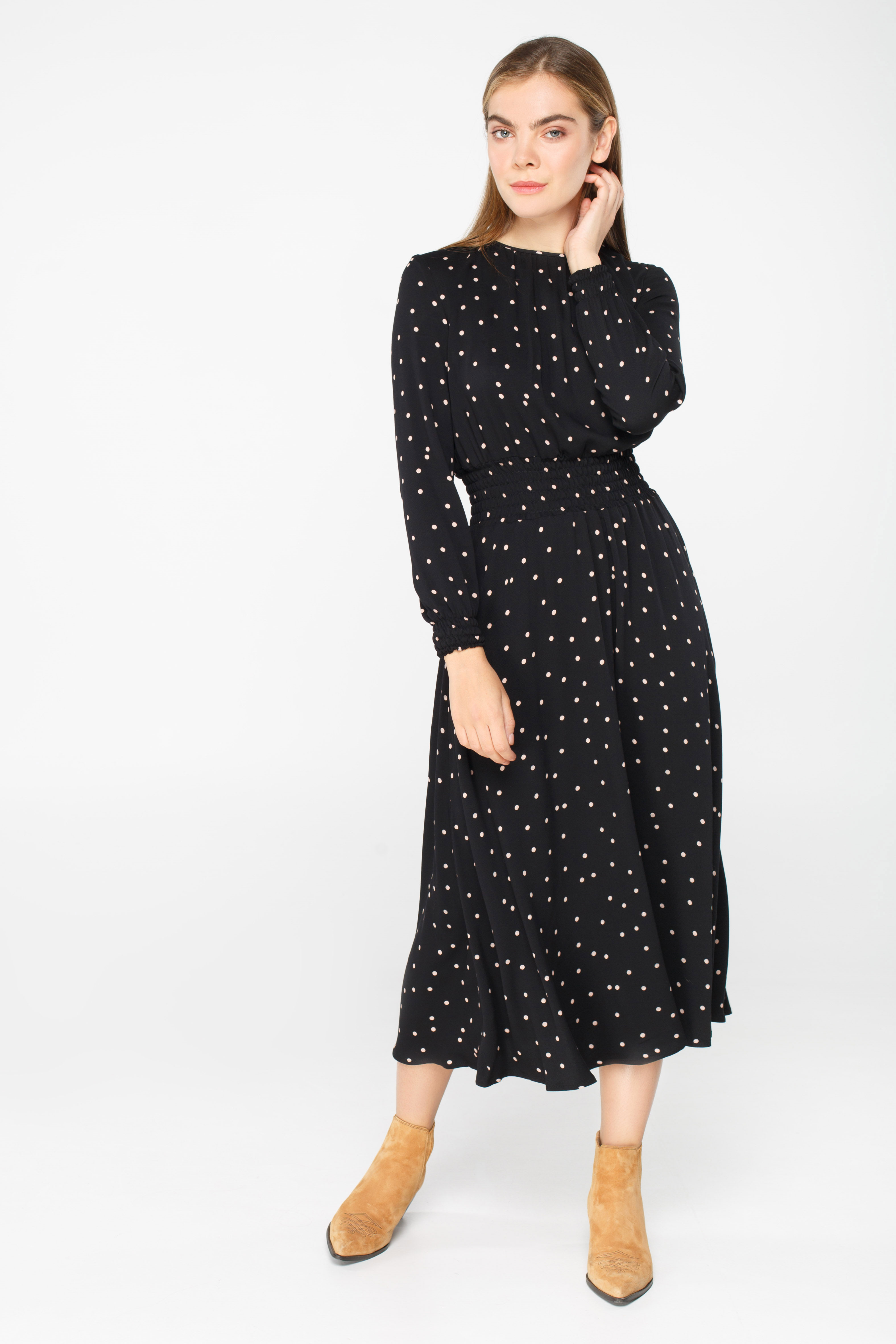 Black polka dot midi dress with elastic waist and cuffs , photo 2