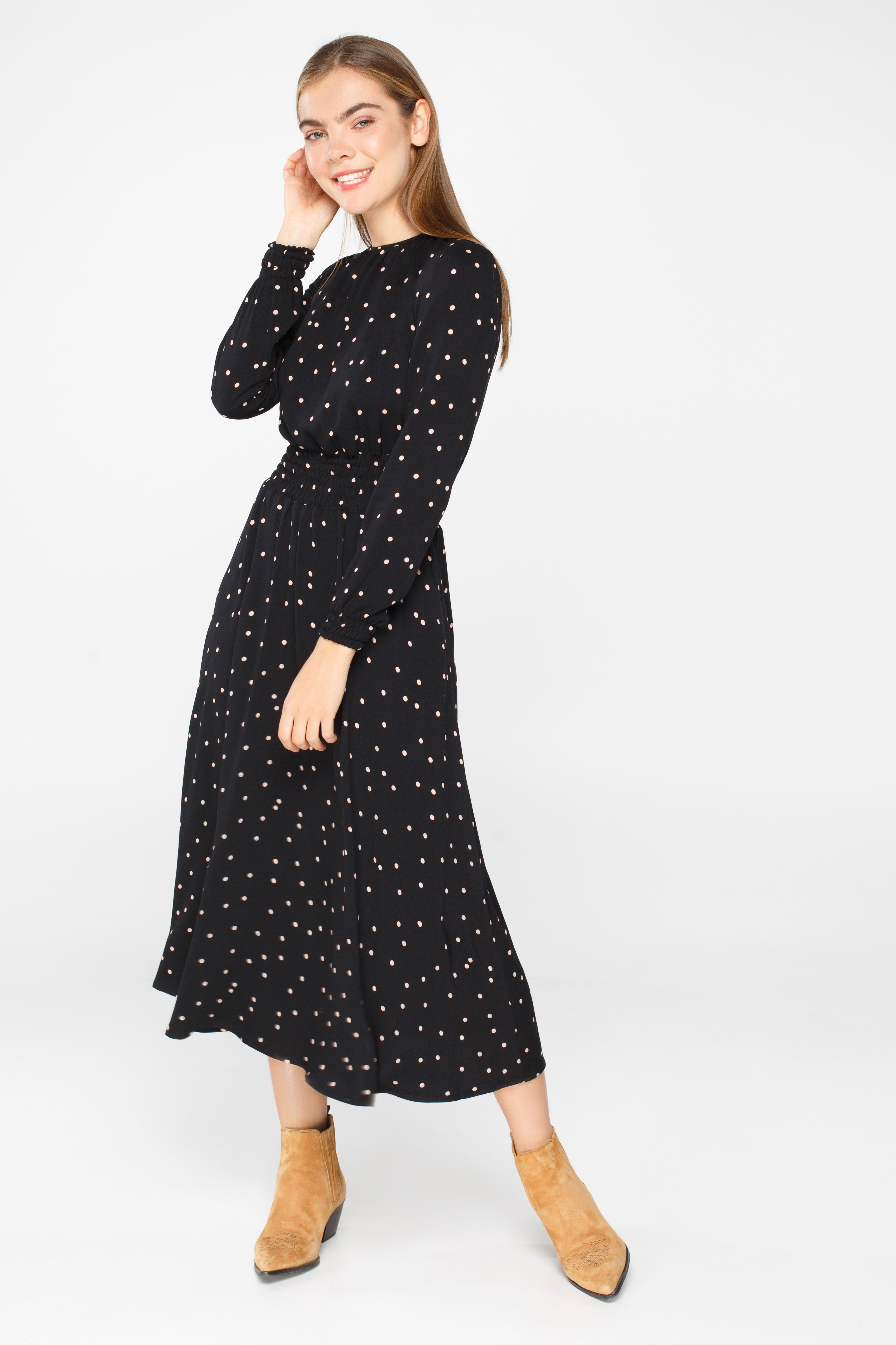 Black polka dot midi dress with elastic waist and cuffs , photo 3