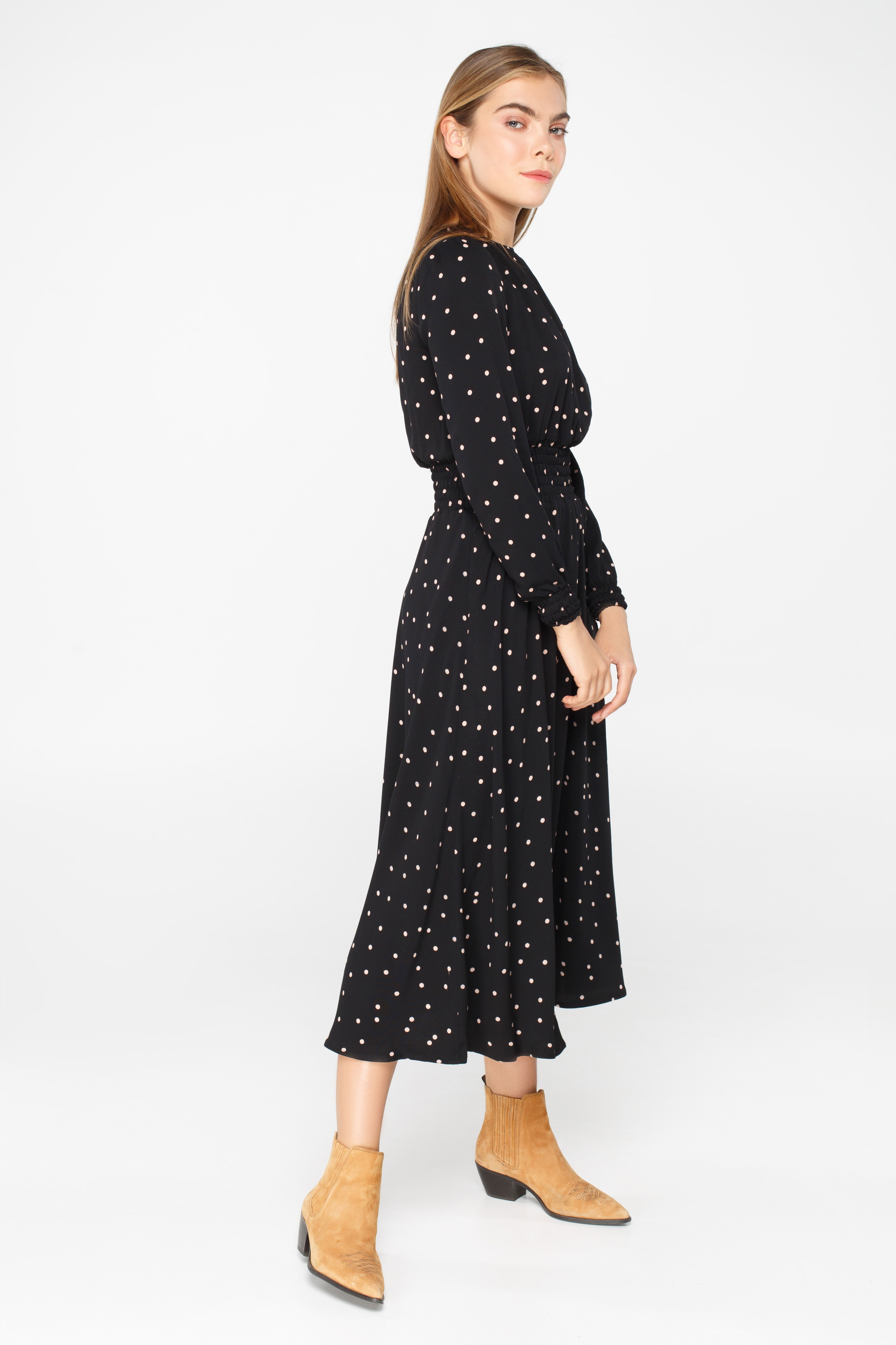 Black polka dot midi dress with elastic waist and cuffs , photo 4