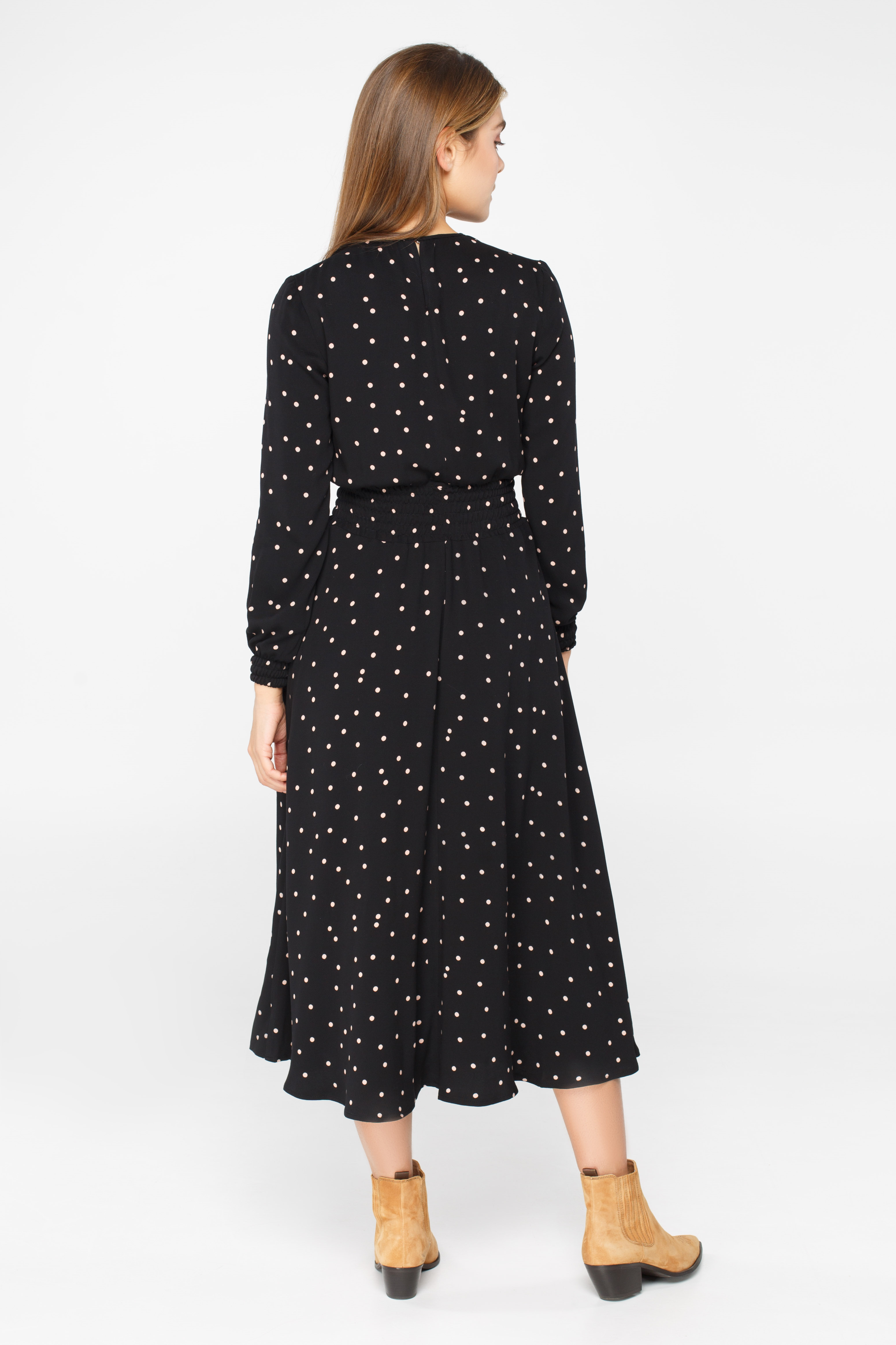 Black polka dot midi dress with elastic waist and cuffs , photo 5