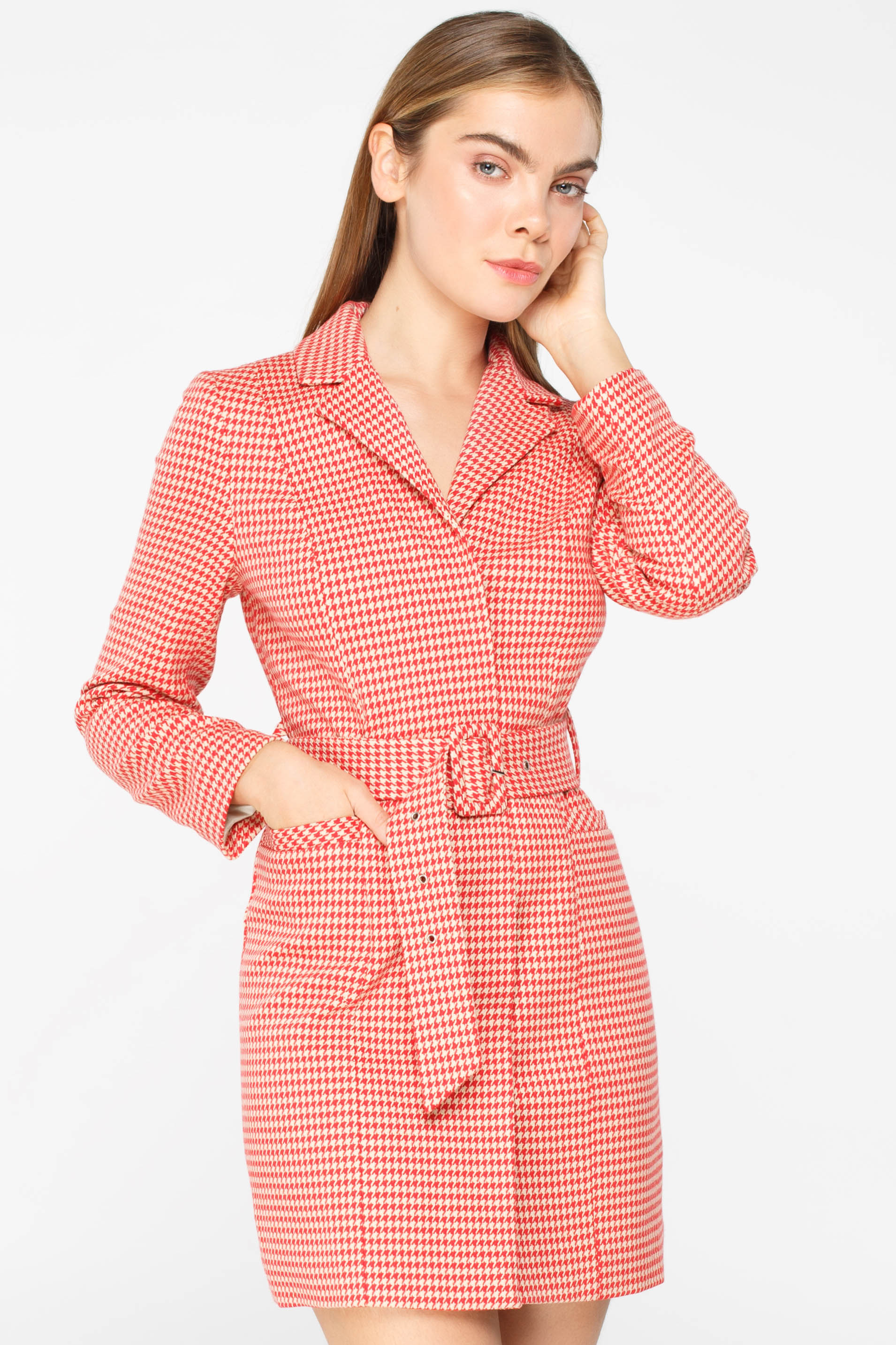 Red and beige houndstooth belted blazer dress, photo 1