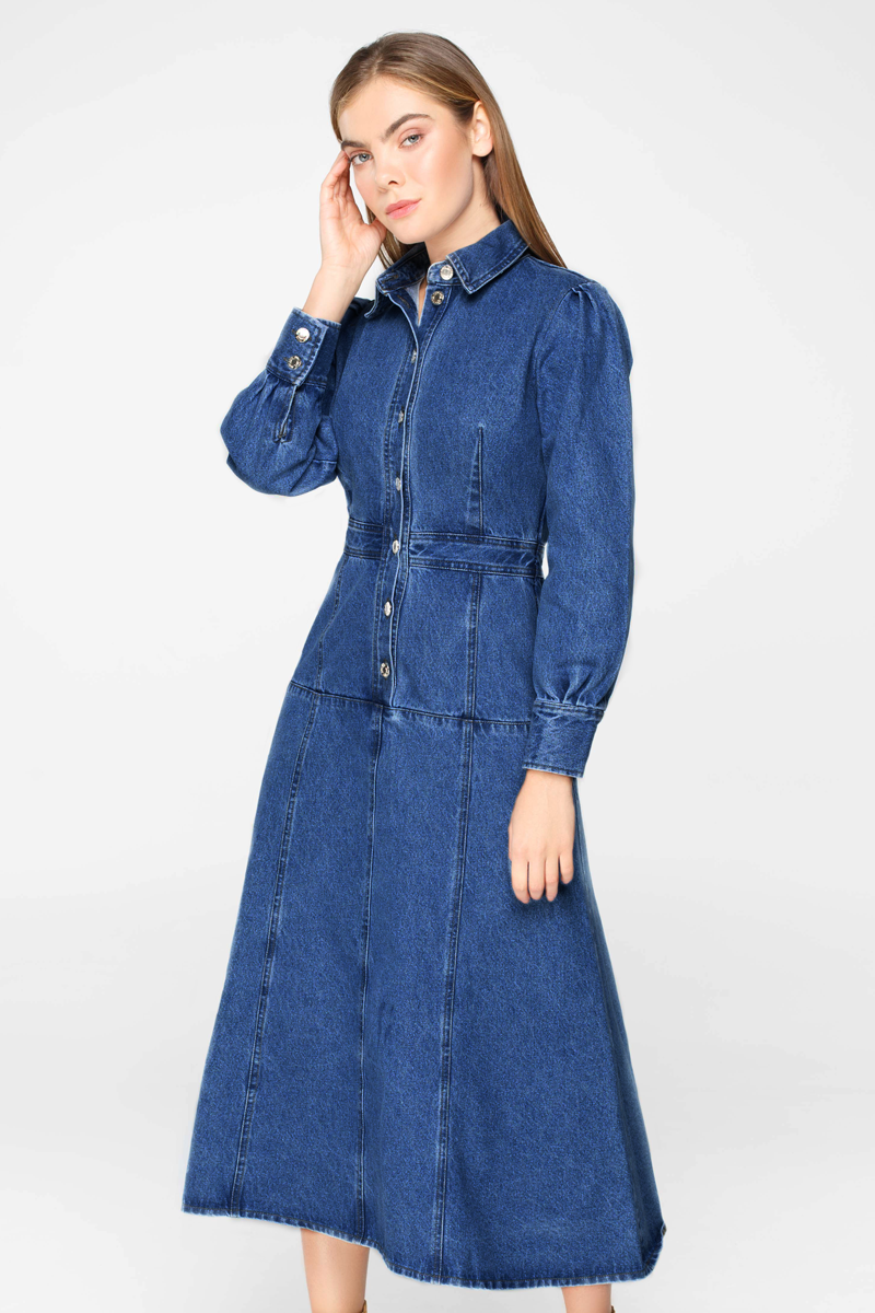 Blue denim buttoned midi dress with long sleeves , photo 5